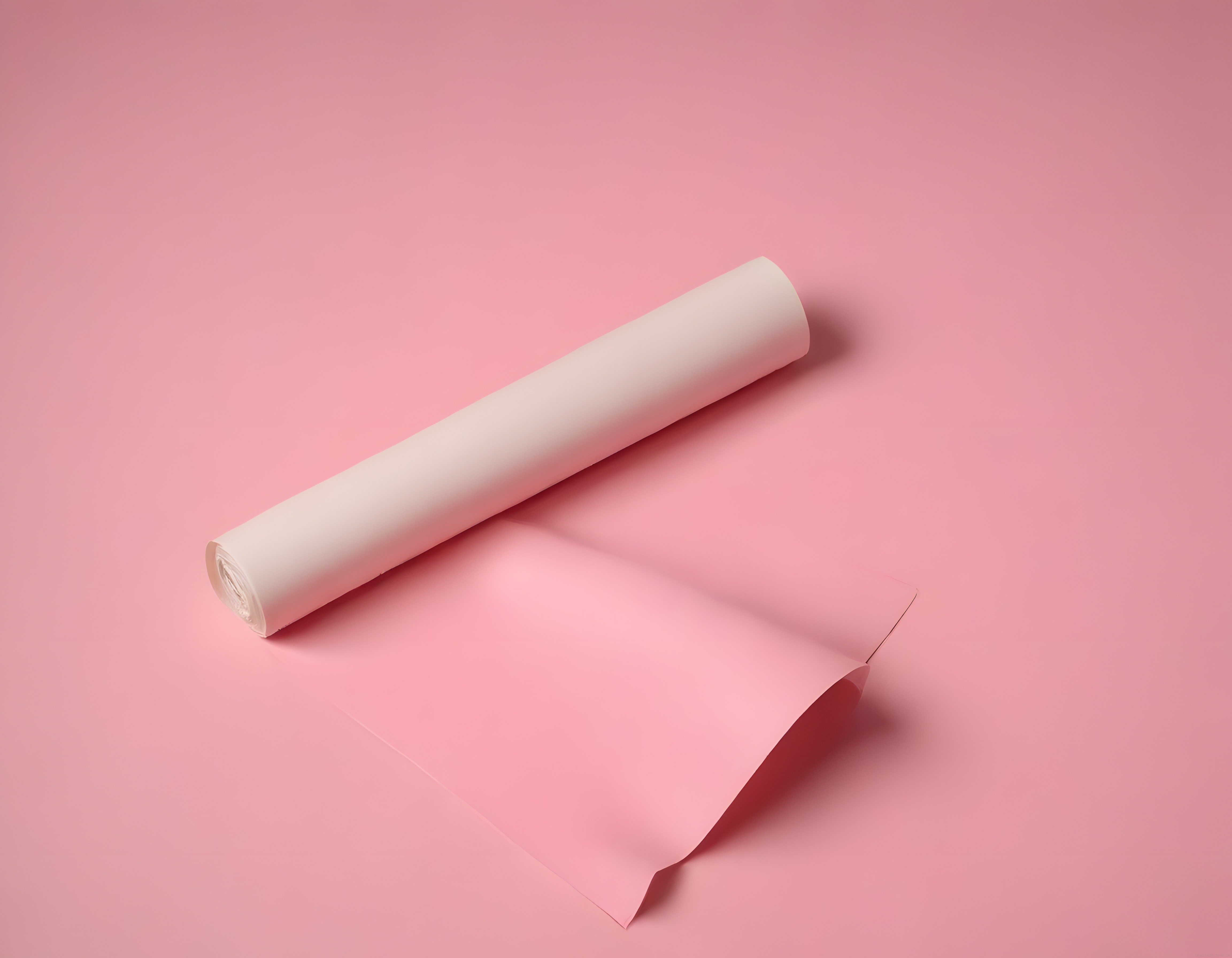 minimal pembe arka planda beyaz kağıt rulosu ve duvar kağıdı detayı