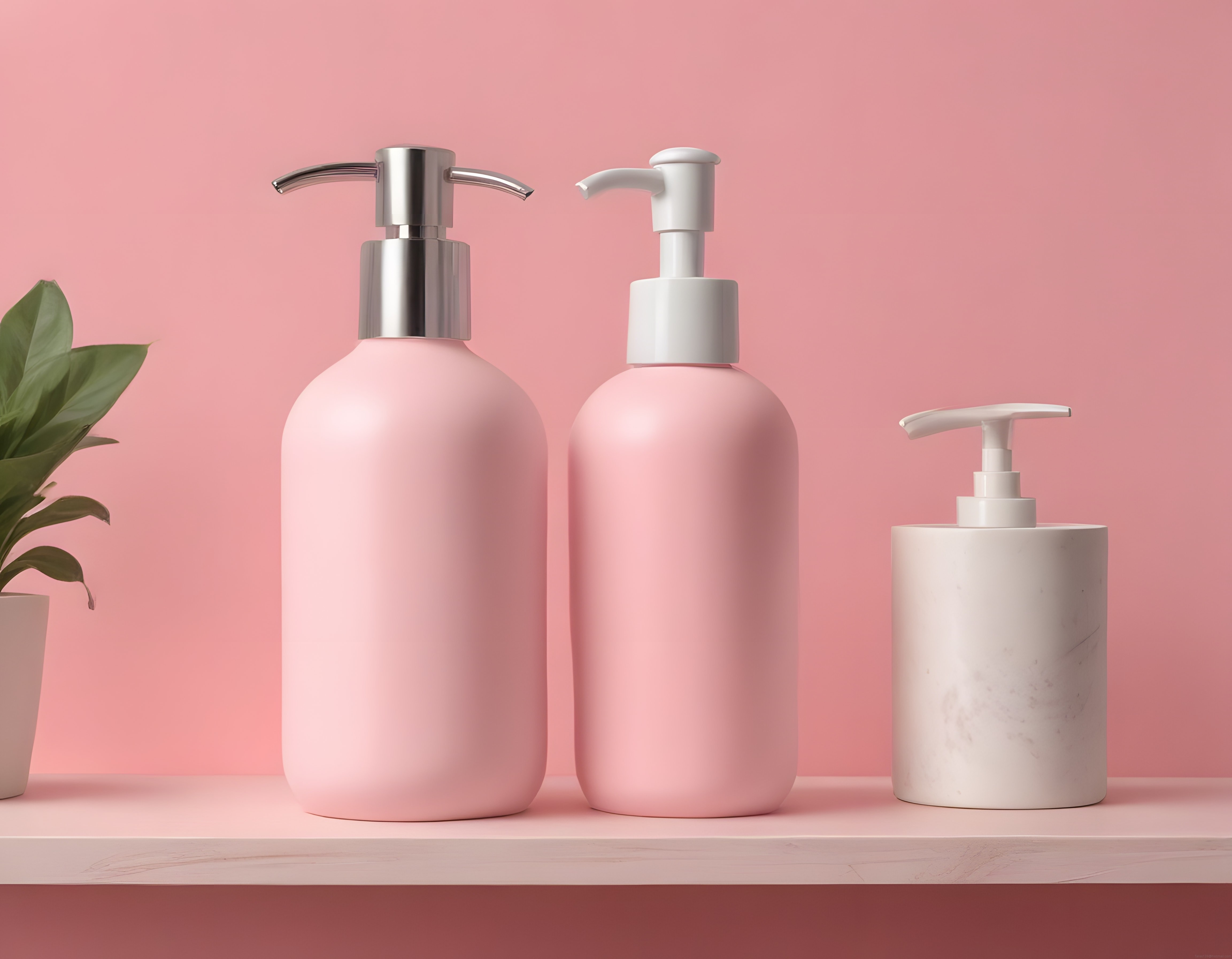 Minimal Pembe Banyo Dekorasyonu: Pompalı Losyon Şişeleri ve Yeşil Bitki