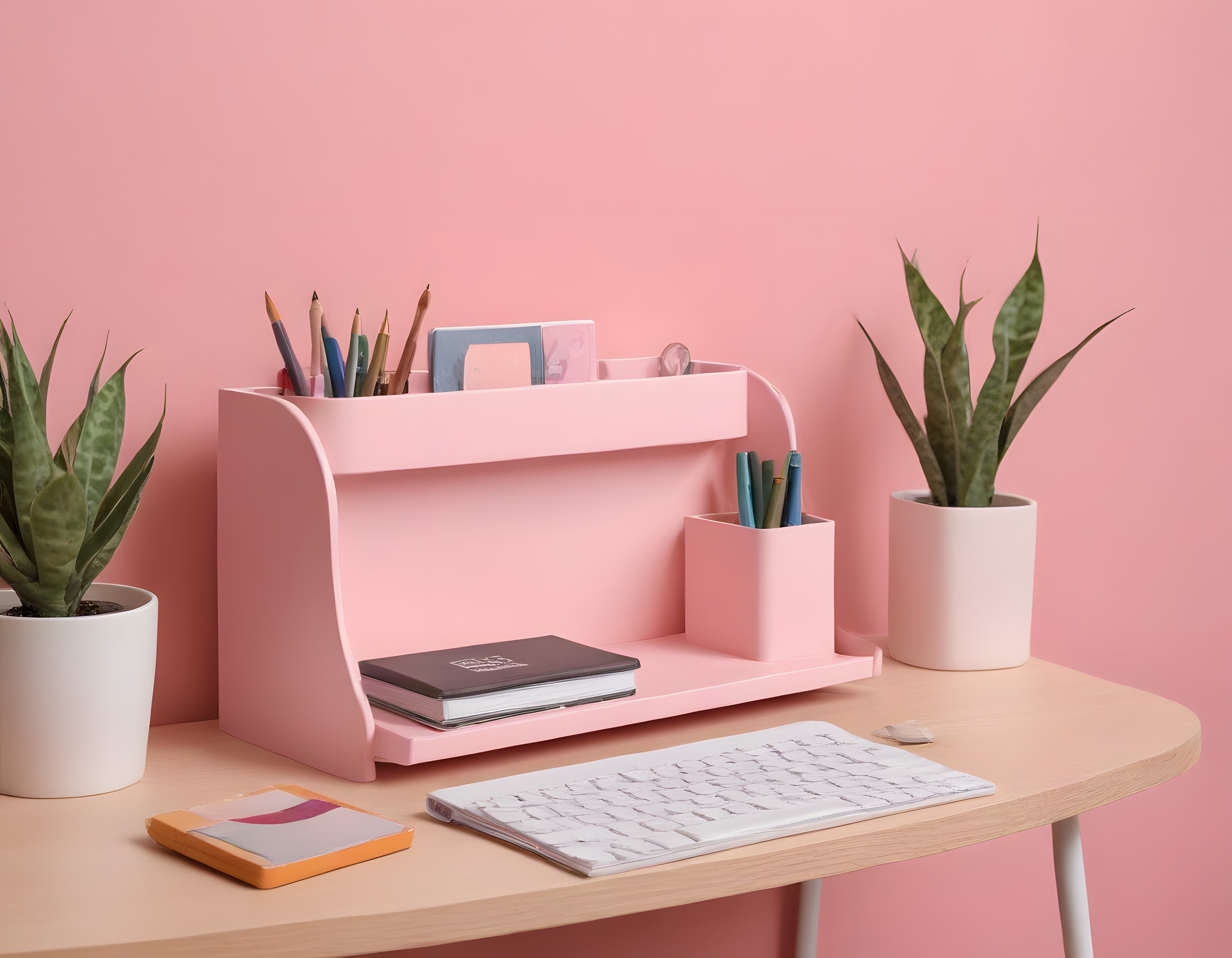 Minimal pembe çalışma masası düzenleyici ve bitkili ev ofisi dekorasyonu