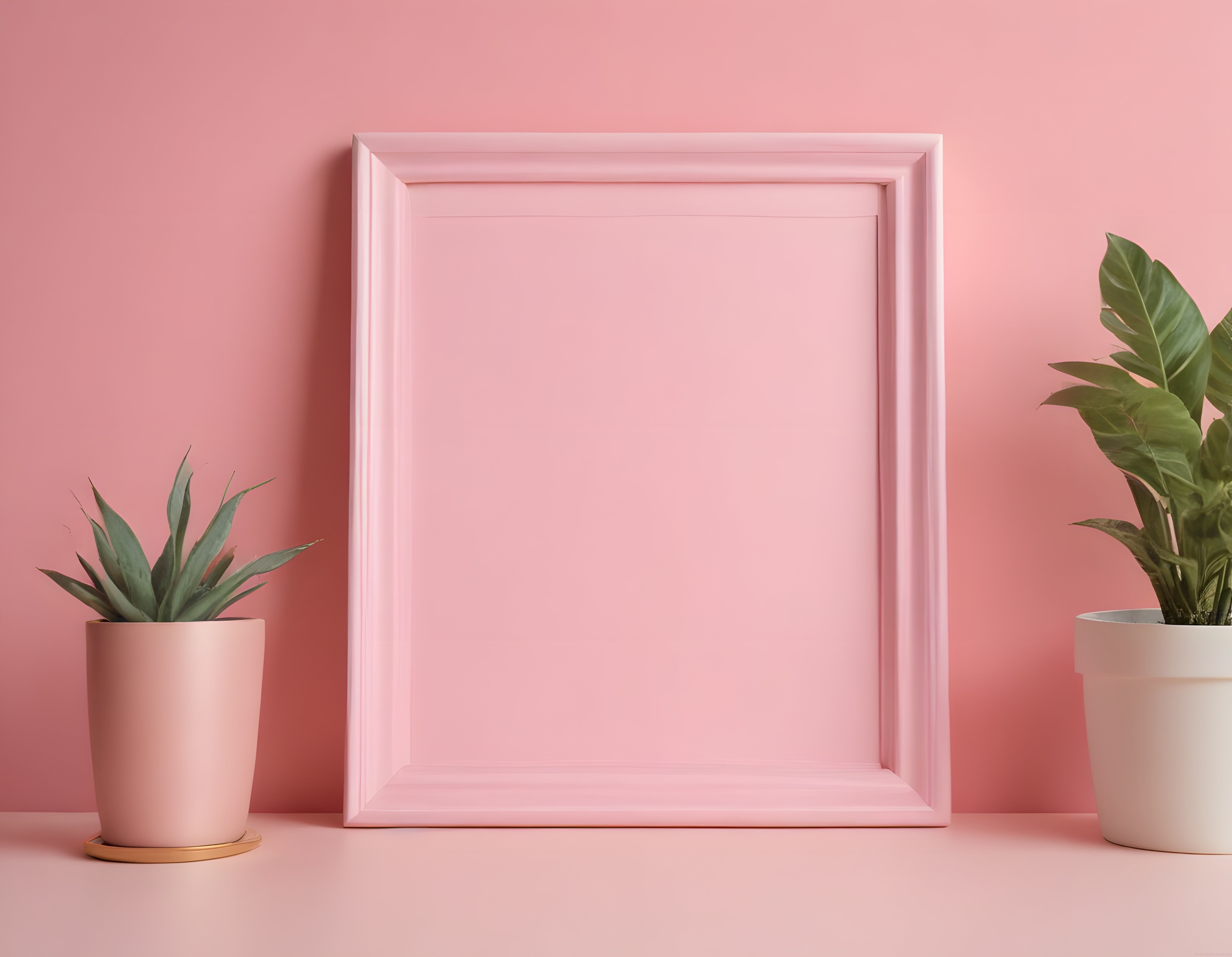 Minimal pembe çerçeve mockup ve dekoratif saksı bitkileri ile ev dekorasyonu