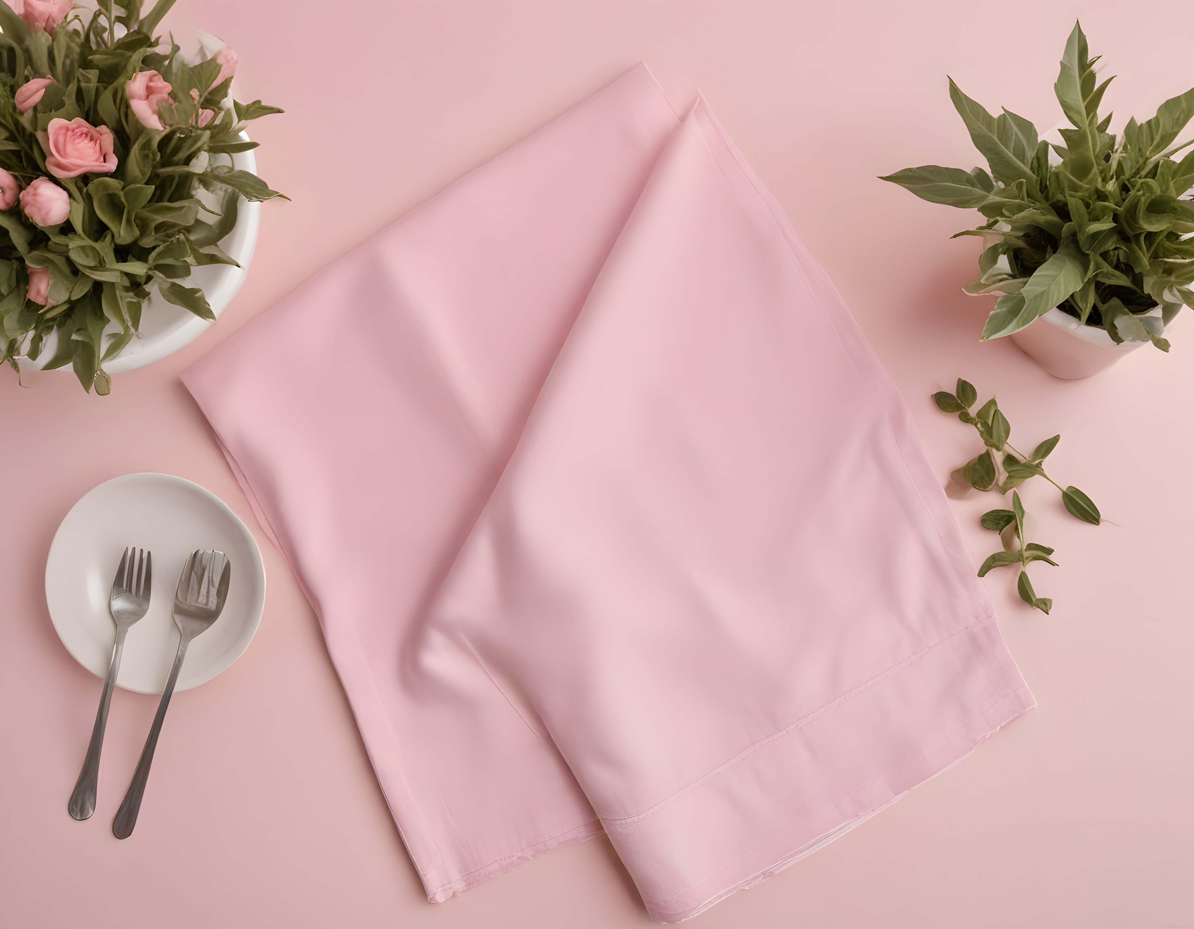 Minimal pembe dekorasyon düz çekiminde katlanmış çarşaf ve saksı çiçekleri