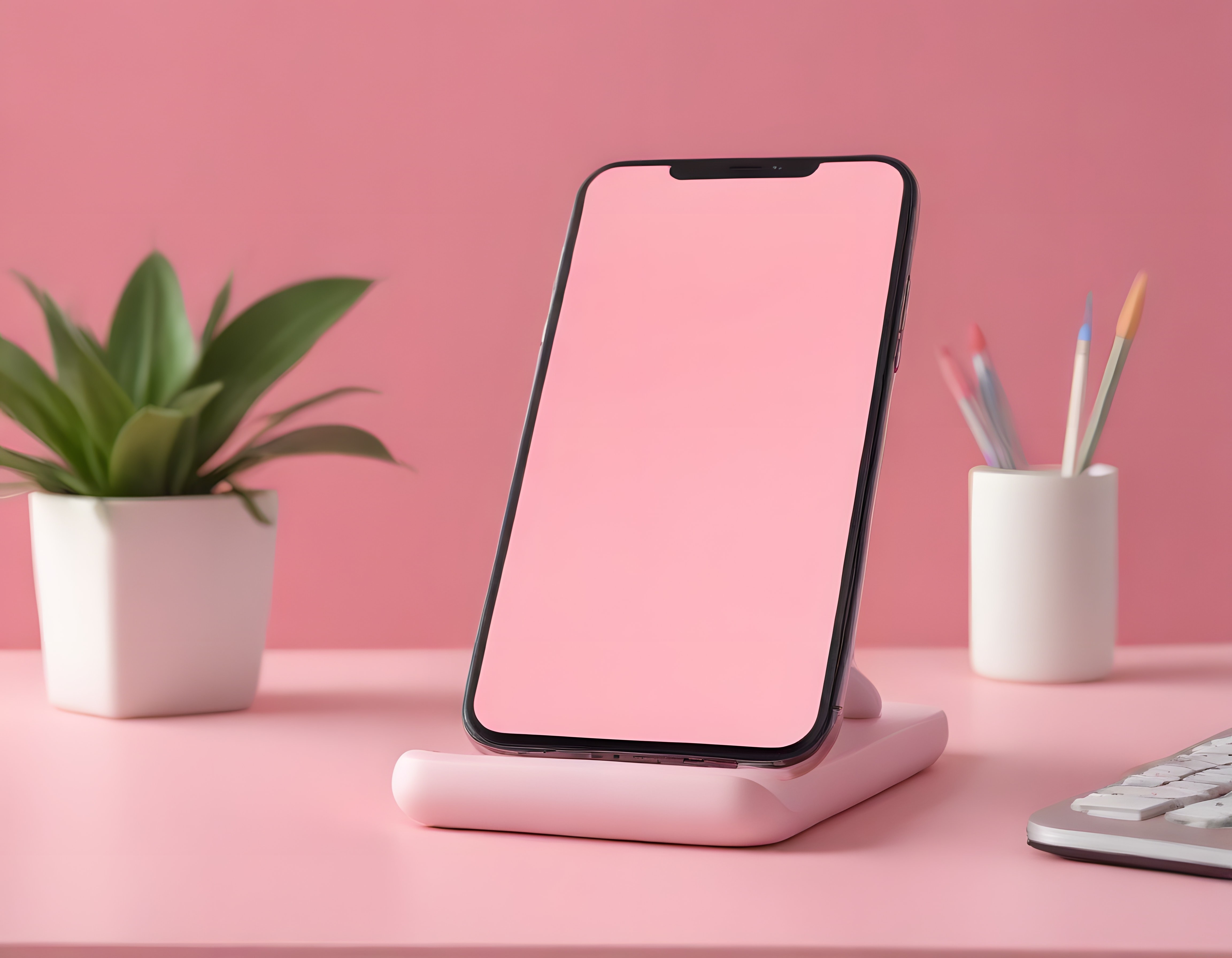 Minimal Pembe Ofis Ortamında Boş Ekranlı Akıllı Telefon ve Dekorasyon