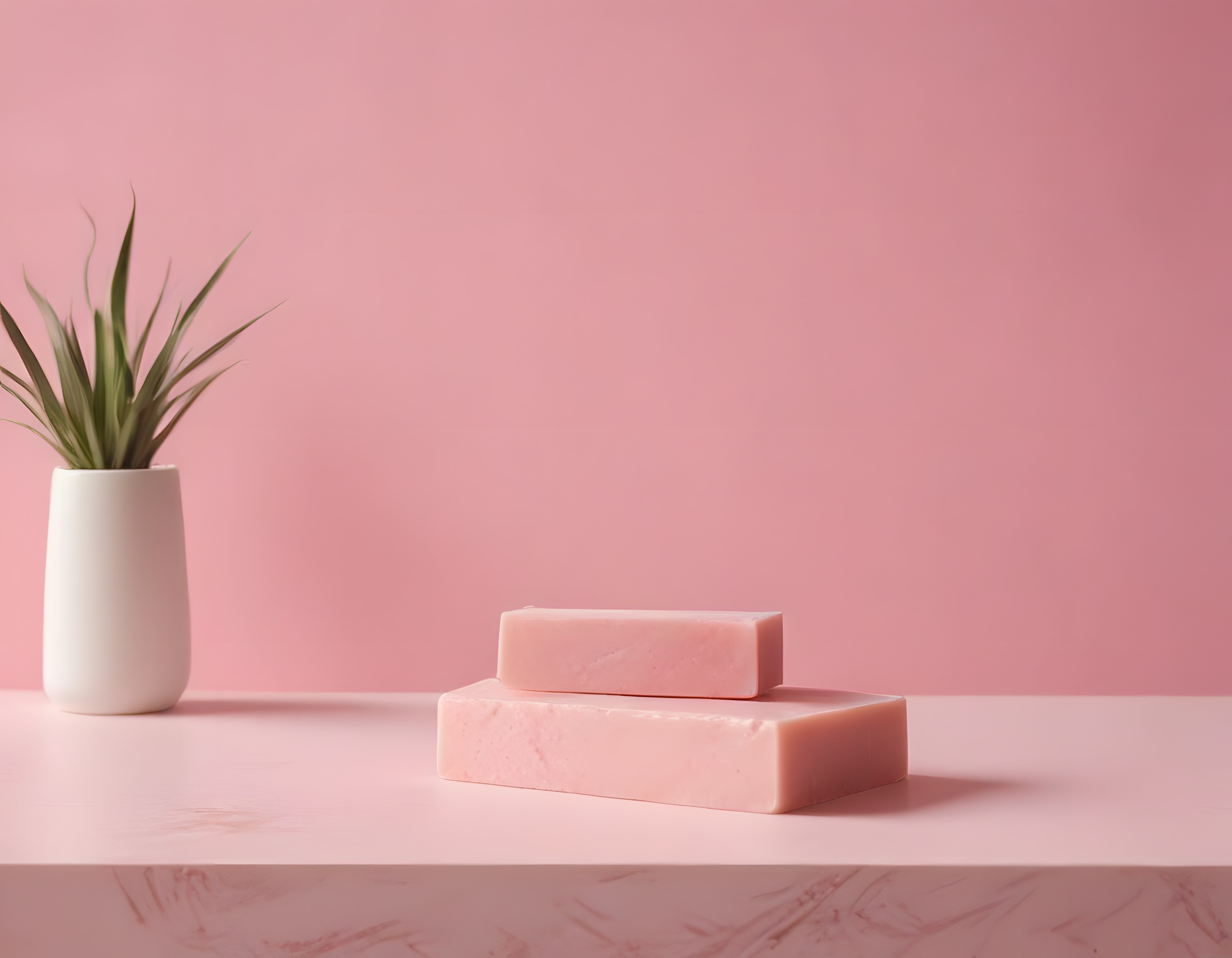 Minimal pembe stüdyo sahnesinde doğal sabunlar ve beyaz vazolu tropikal bitki