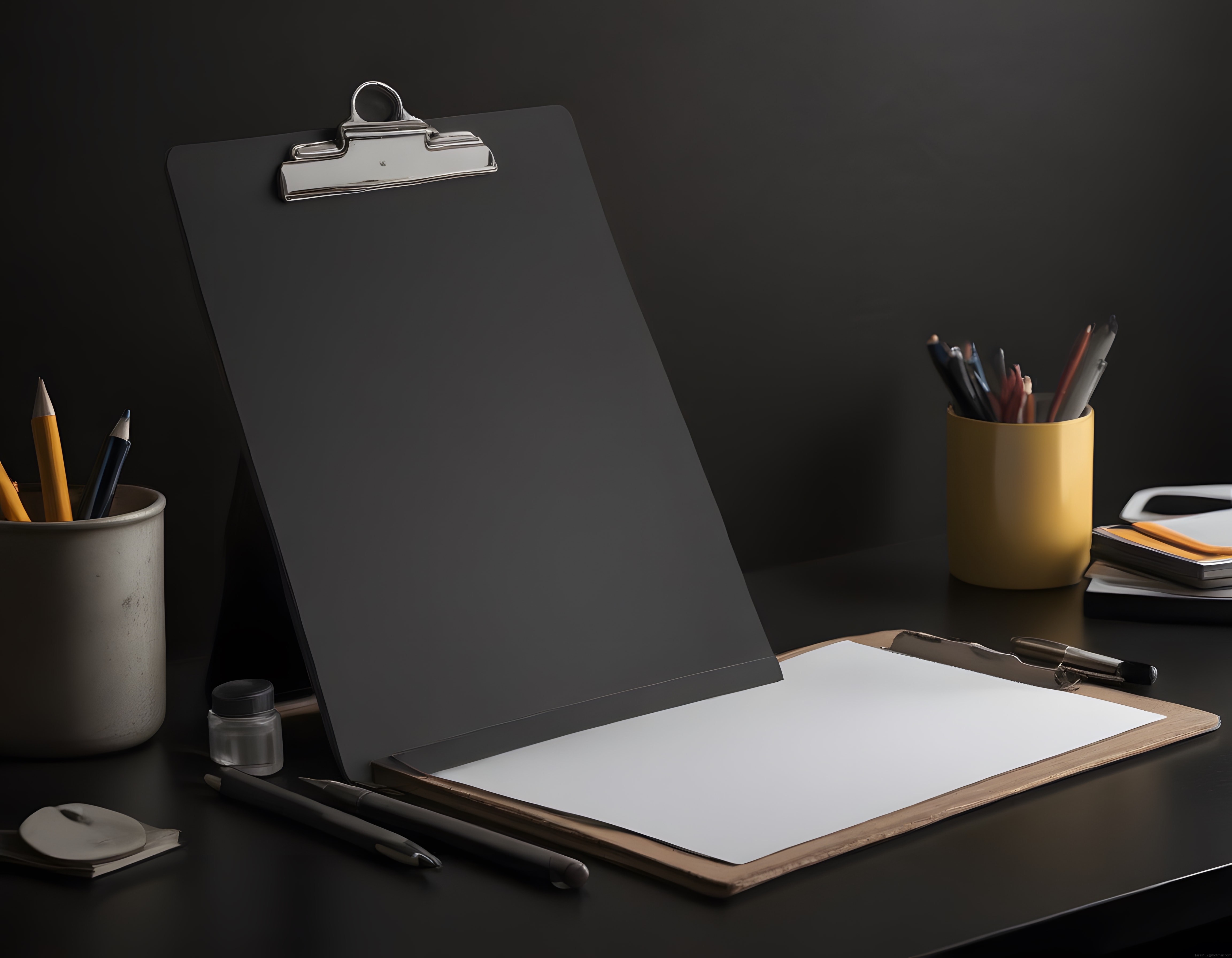 Minimal Siyah Ofis Masası: Not Tahtası ve Kırtasiye ile Yaratıcı Çalışma Alanı