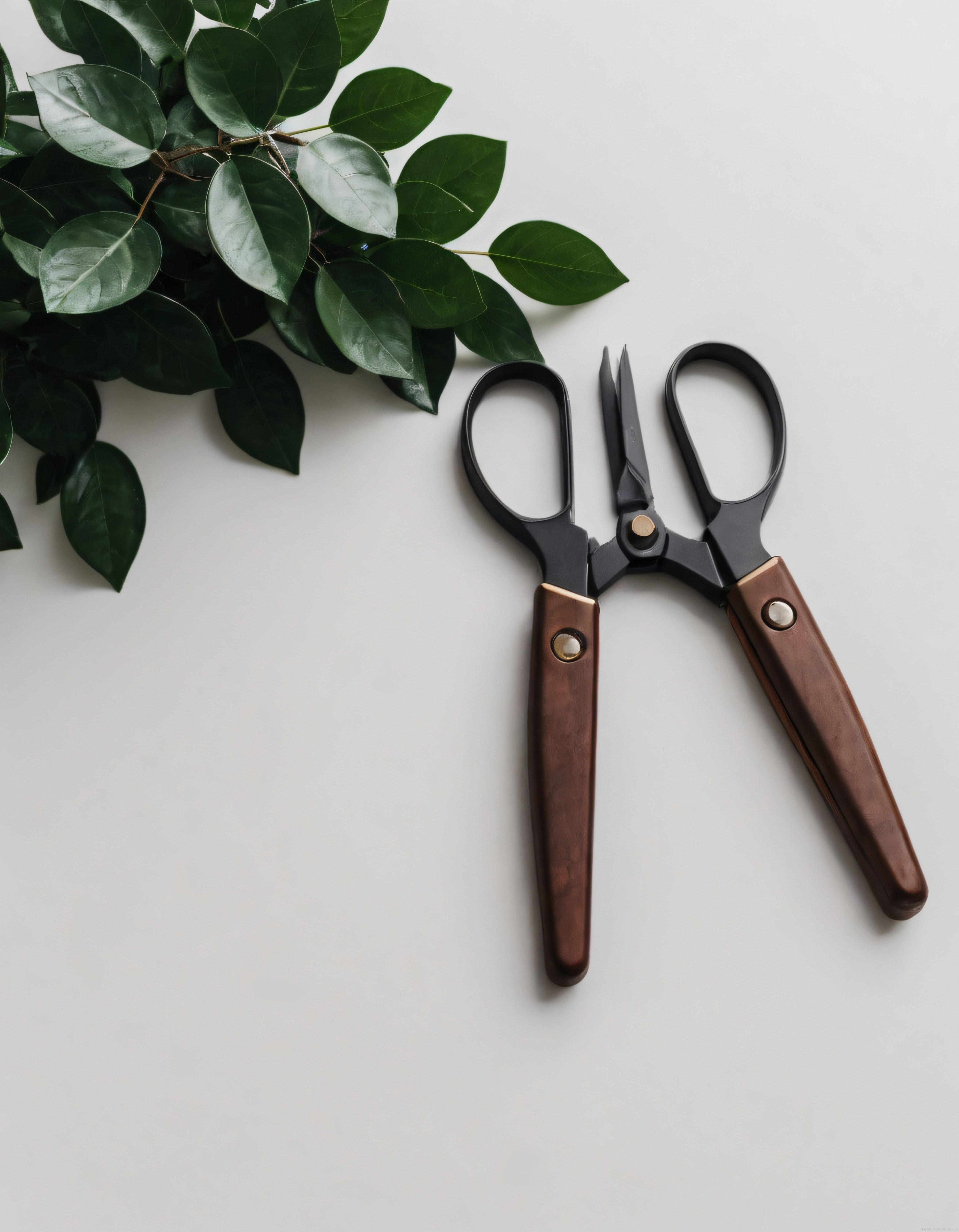 Minimal Stil Ahşap Saplı Makas ve Canlı Yeşil Yapraklı Bitki ile Ev Bahçeciliği