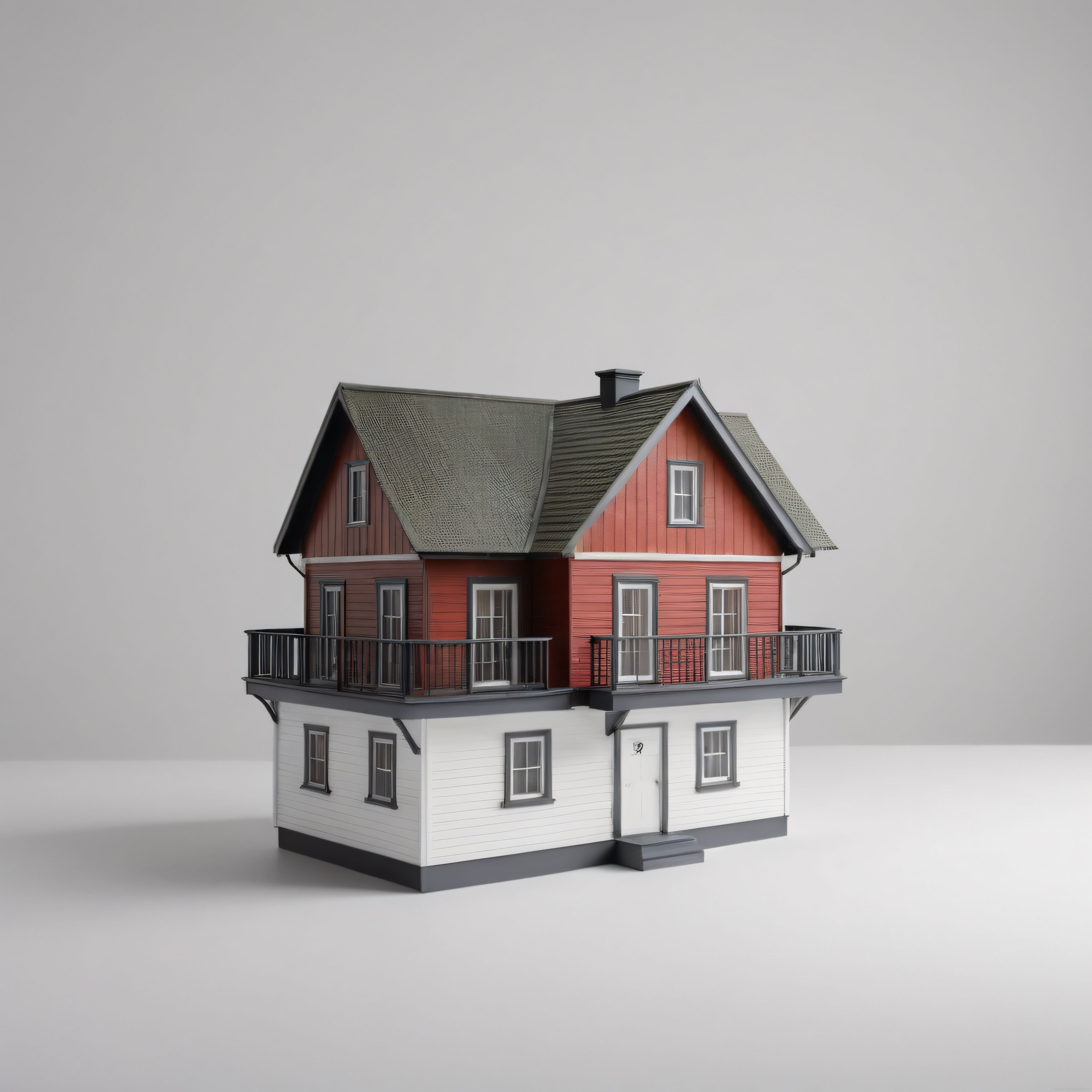 Minimal Stüdyo Arka Planında Beyaz ve Kırmızı Detaylı Şirin Minyatür Ev Modeli