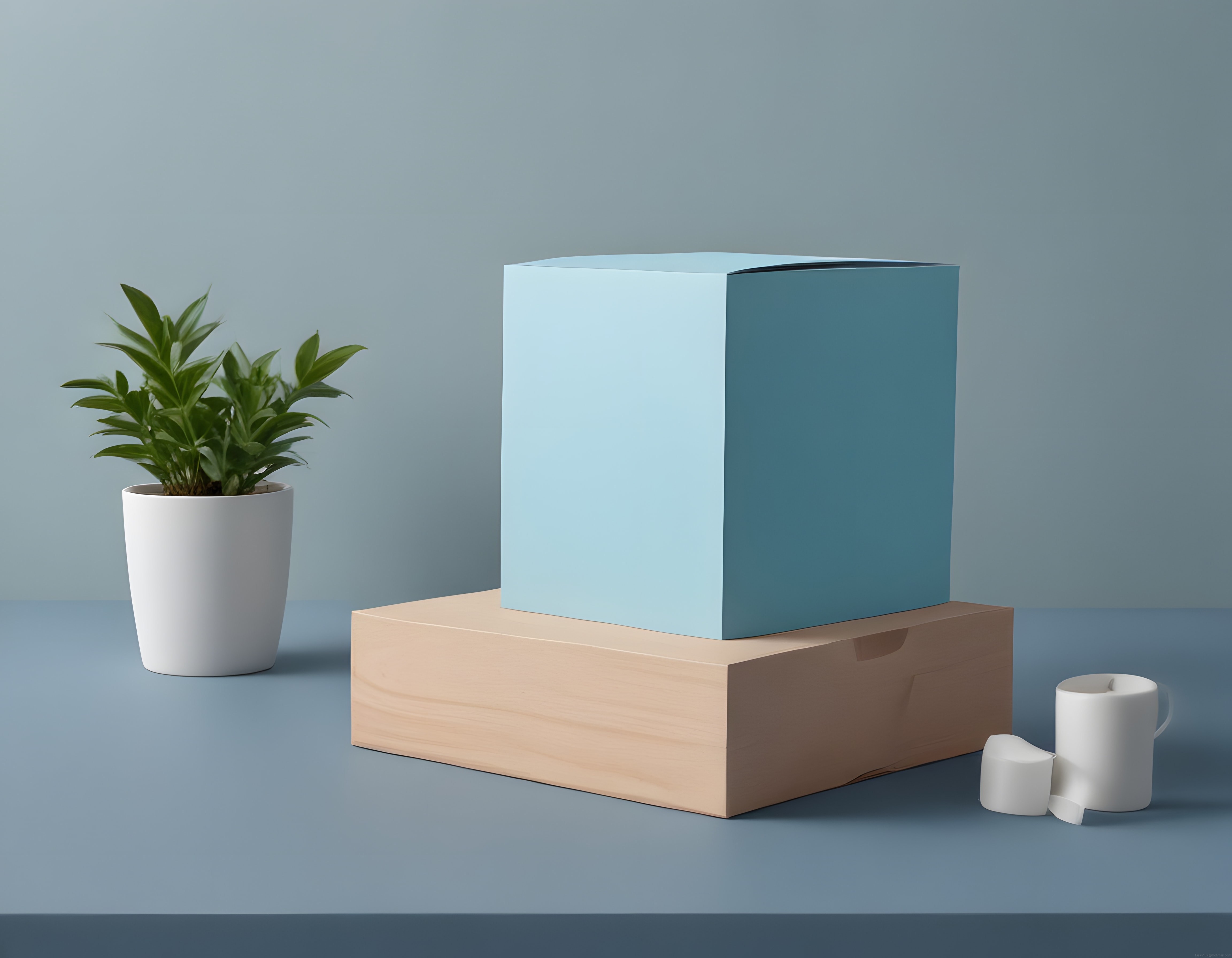 Minimal Stüdyo Mockup: Mavi Kutu, Ahşap Stand ve Dekoratif Bitki Aranjmanı