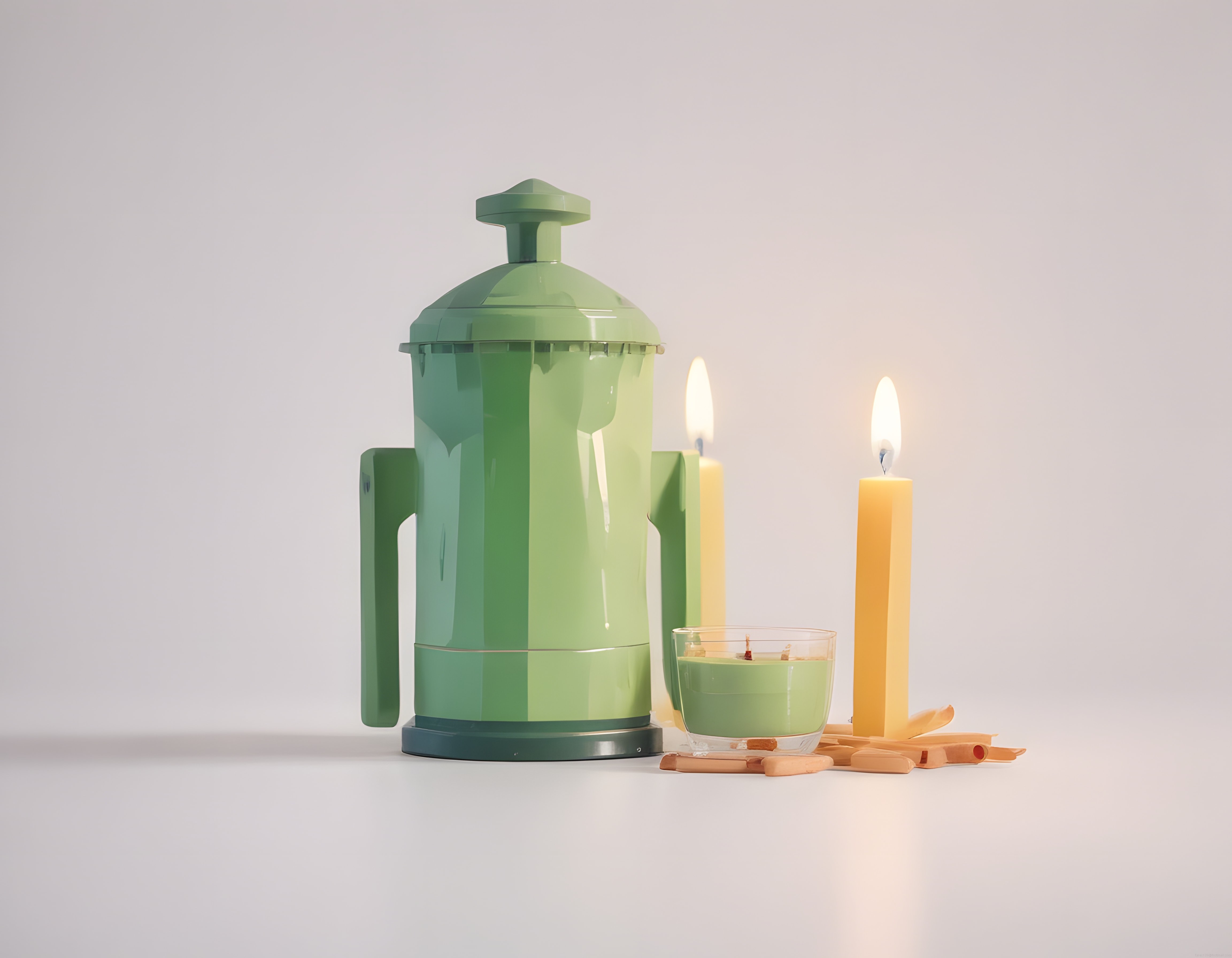 Minimal Stüdyo Ortamında Yeşil French Press ve Tarçınlı Mum Dekoru