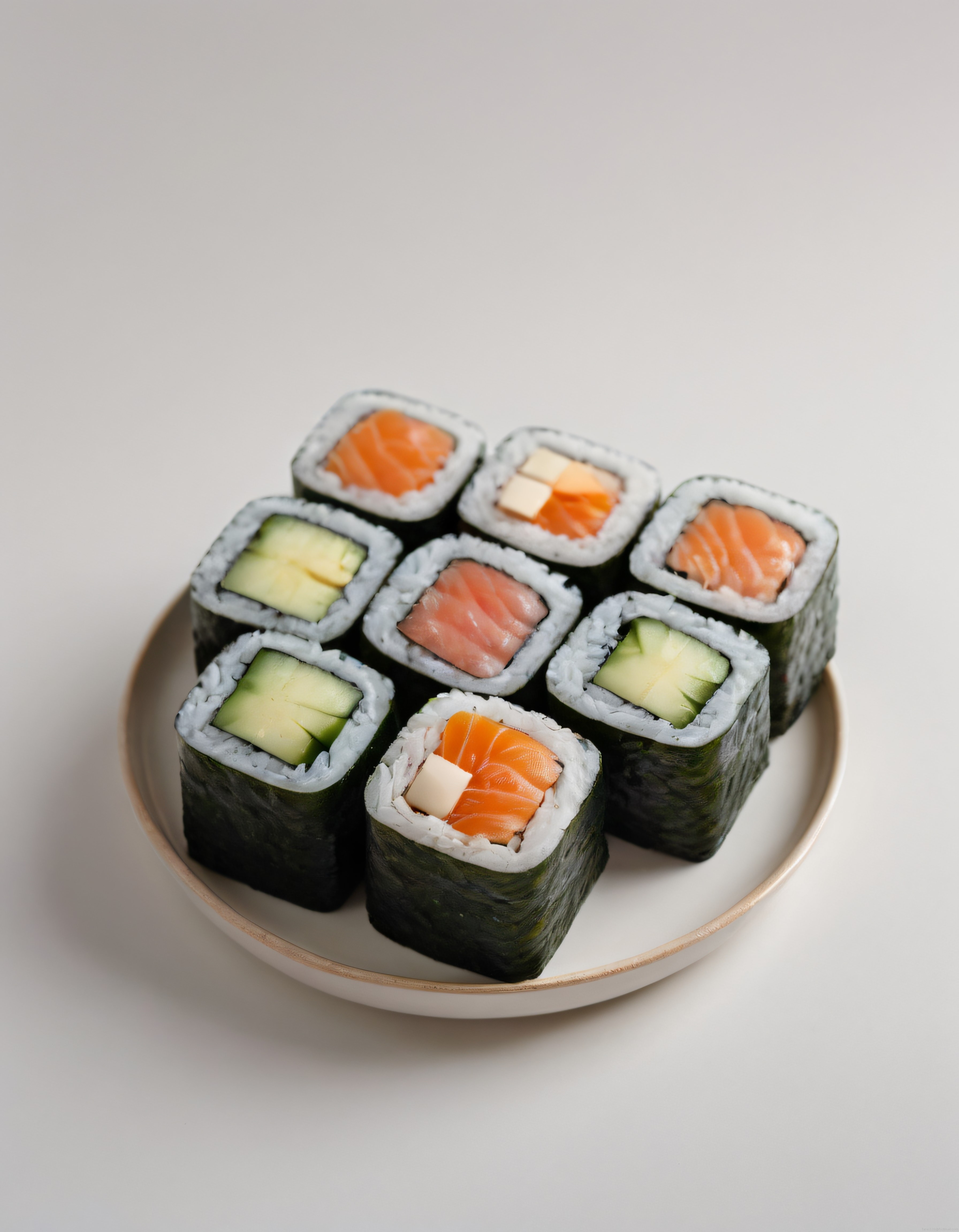 Minimal Sunumda Çeşitli Maki Sushi Ruloları: Taze Somon, Ton Balığı ve Salatalık