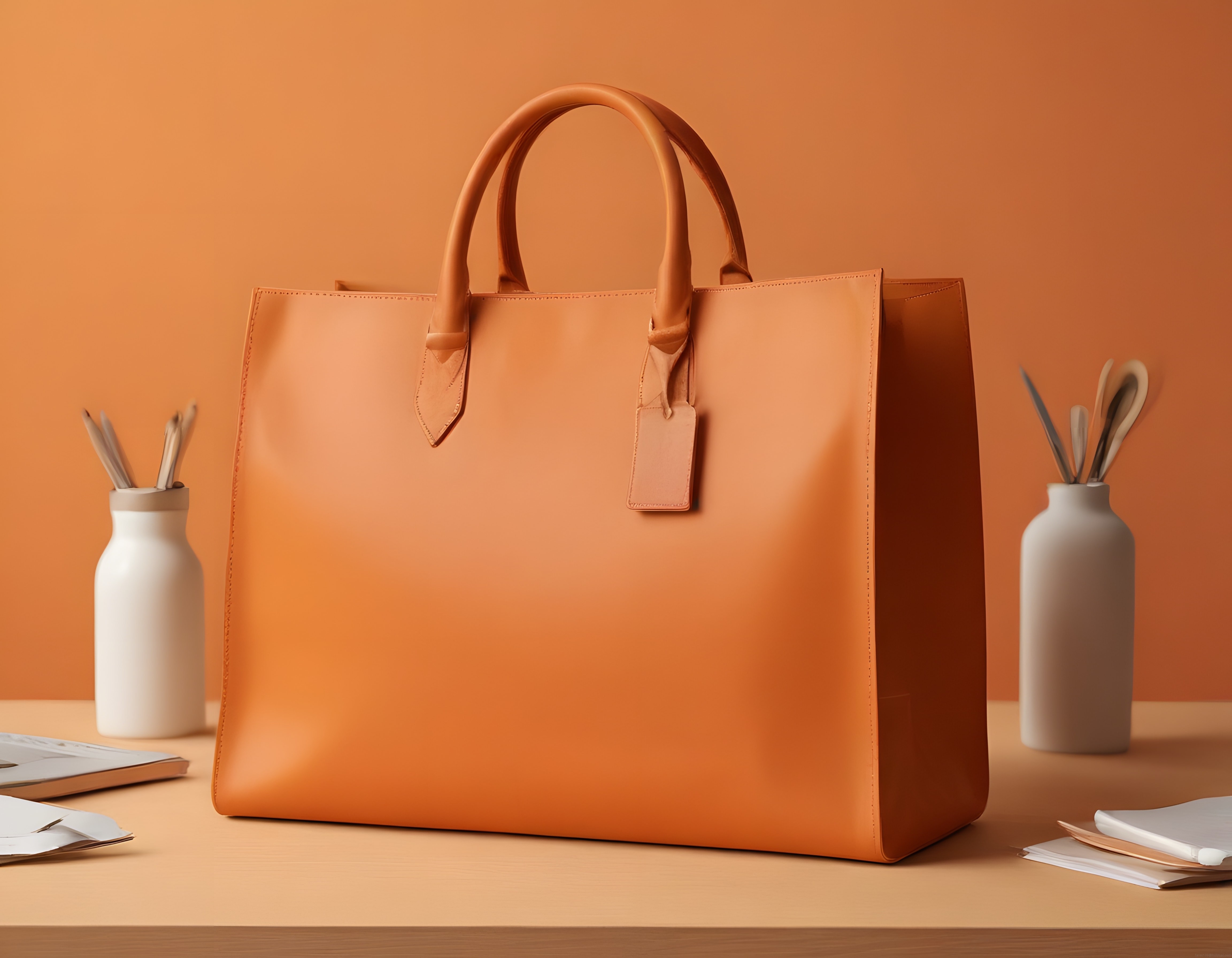 minimal turuncu arka planda şık deri tote çanta ve modern masa düzeni