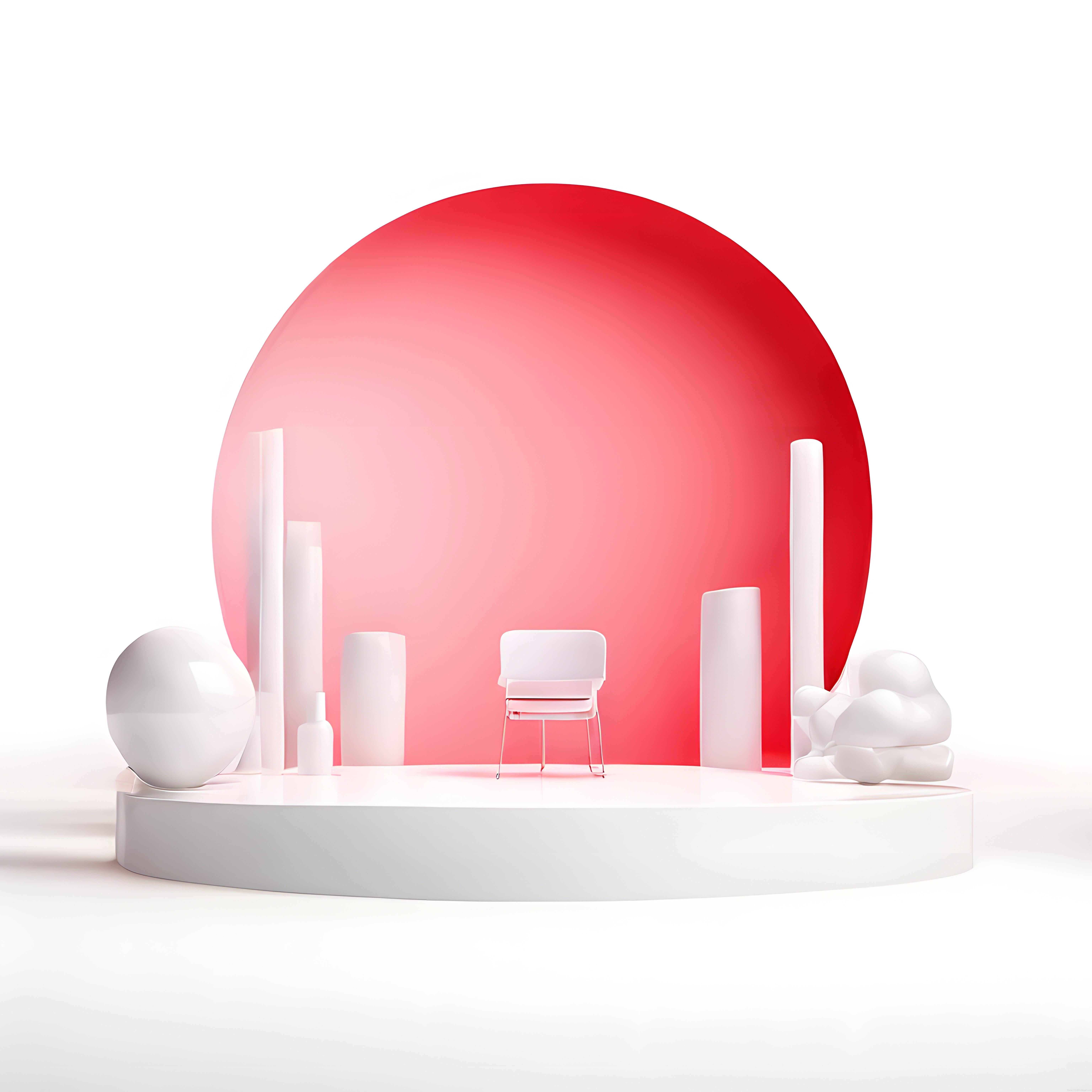 Minimalist 3D Komposizyon: Kırmızı Daire Arka Planda Beyaz Sandalye ve Formlar