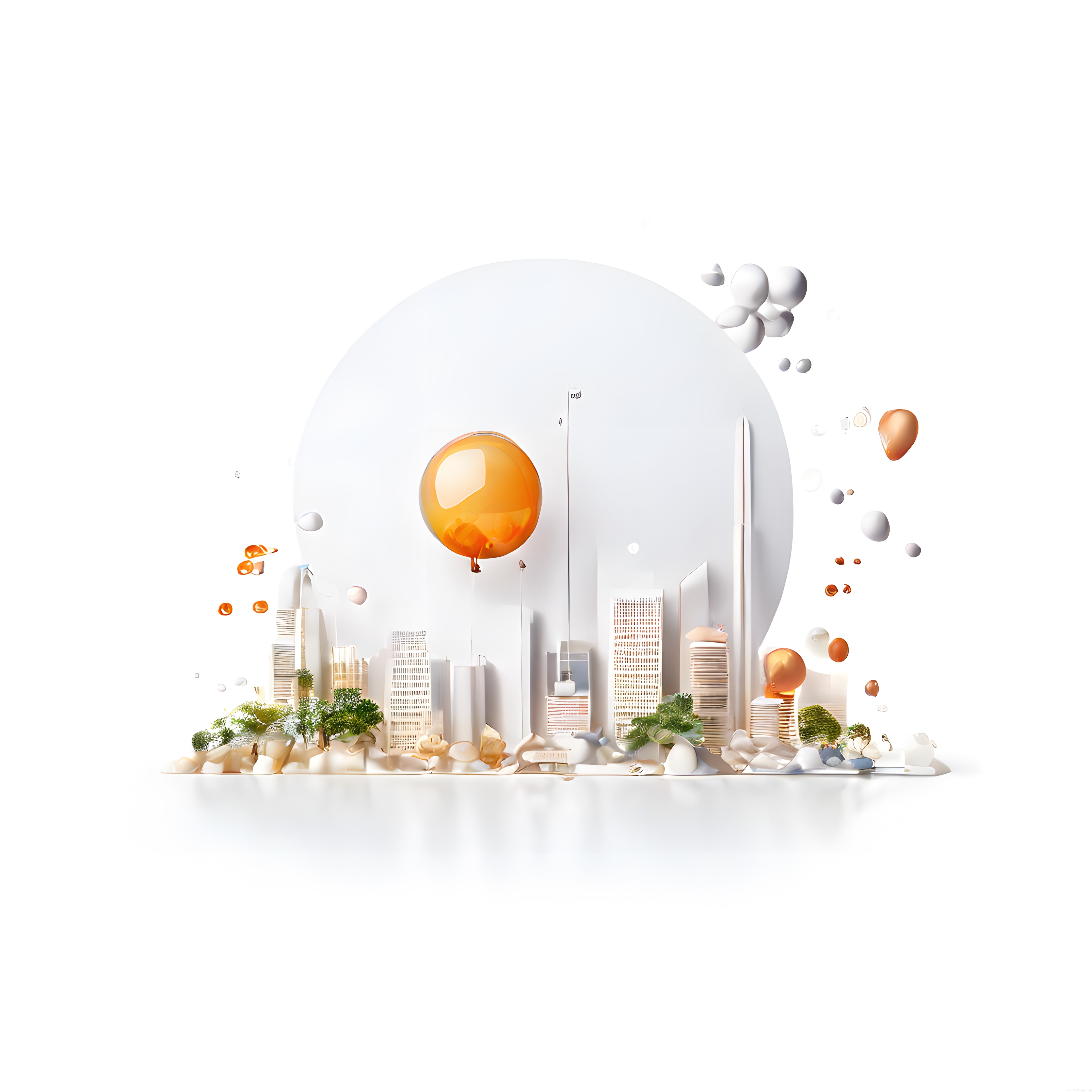 Minimalist 3D Şehir Renderında Turuncu Küreler ve Yeşil Ağaç Detayları