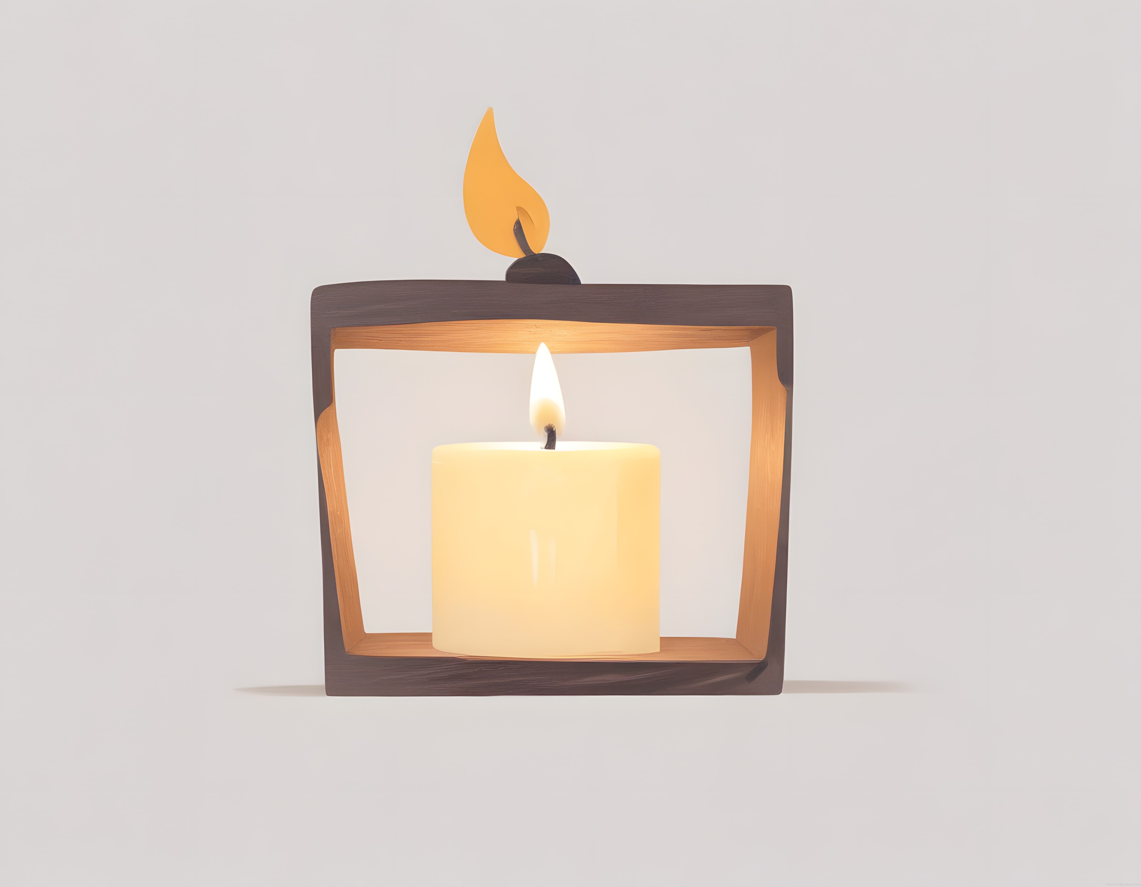 Minimalist Ahşap Kare Mumluk Tasarımında Yanan Mum ve Alev Sembolü Minimalist Ahşap Kare Mumluk Tasarımında Yanan Mum ve Alev Sembolü