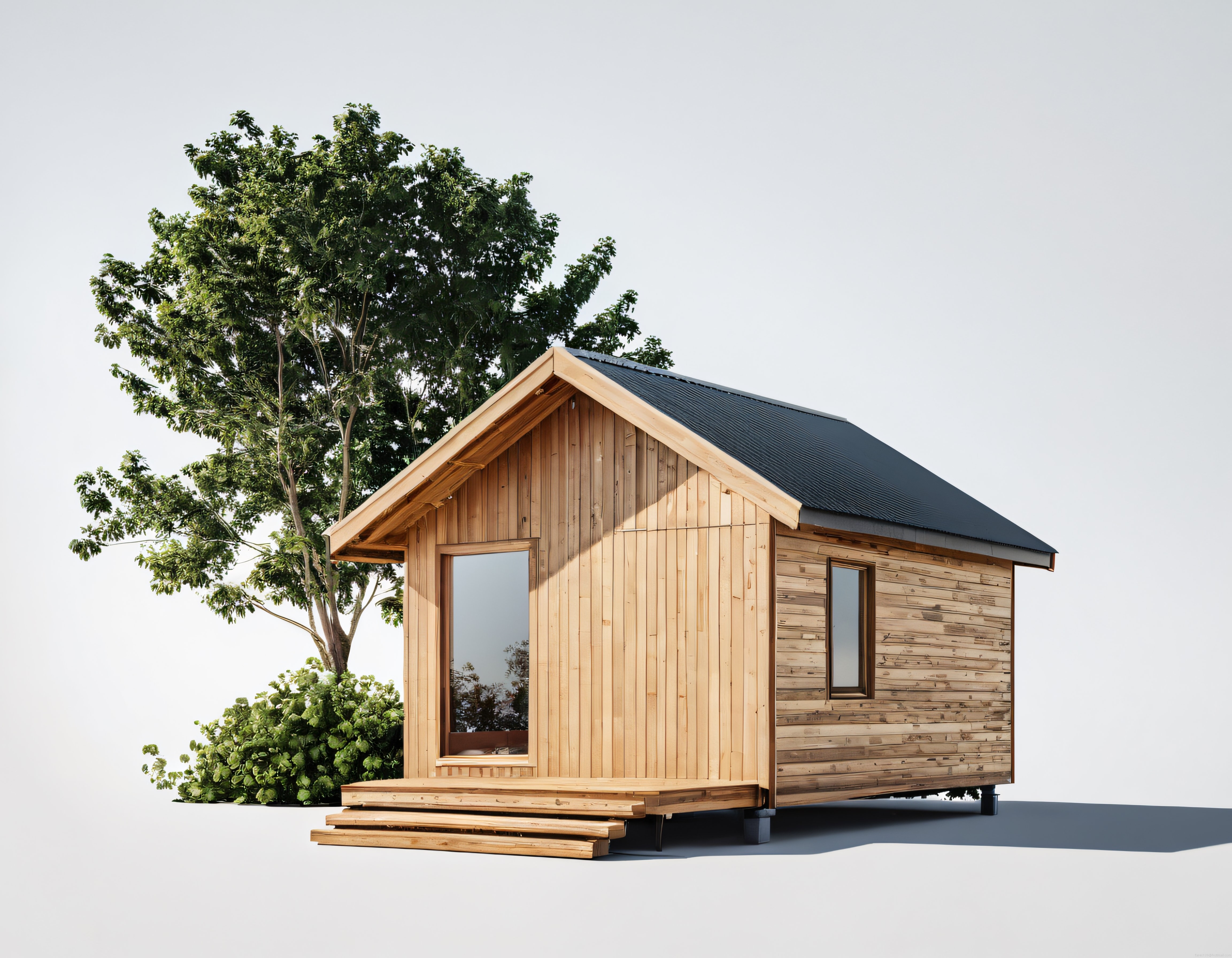 Minimalist ahşap kulübe ve bahçedeki yeşil ağaç ile modern doğal yaşam