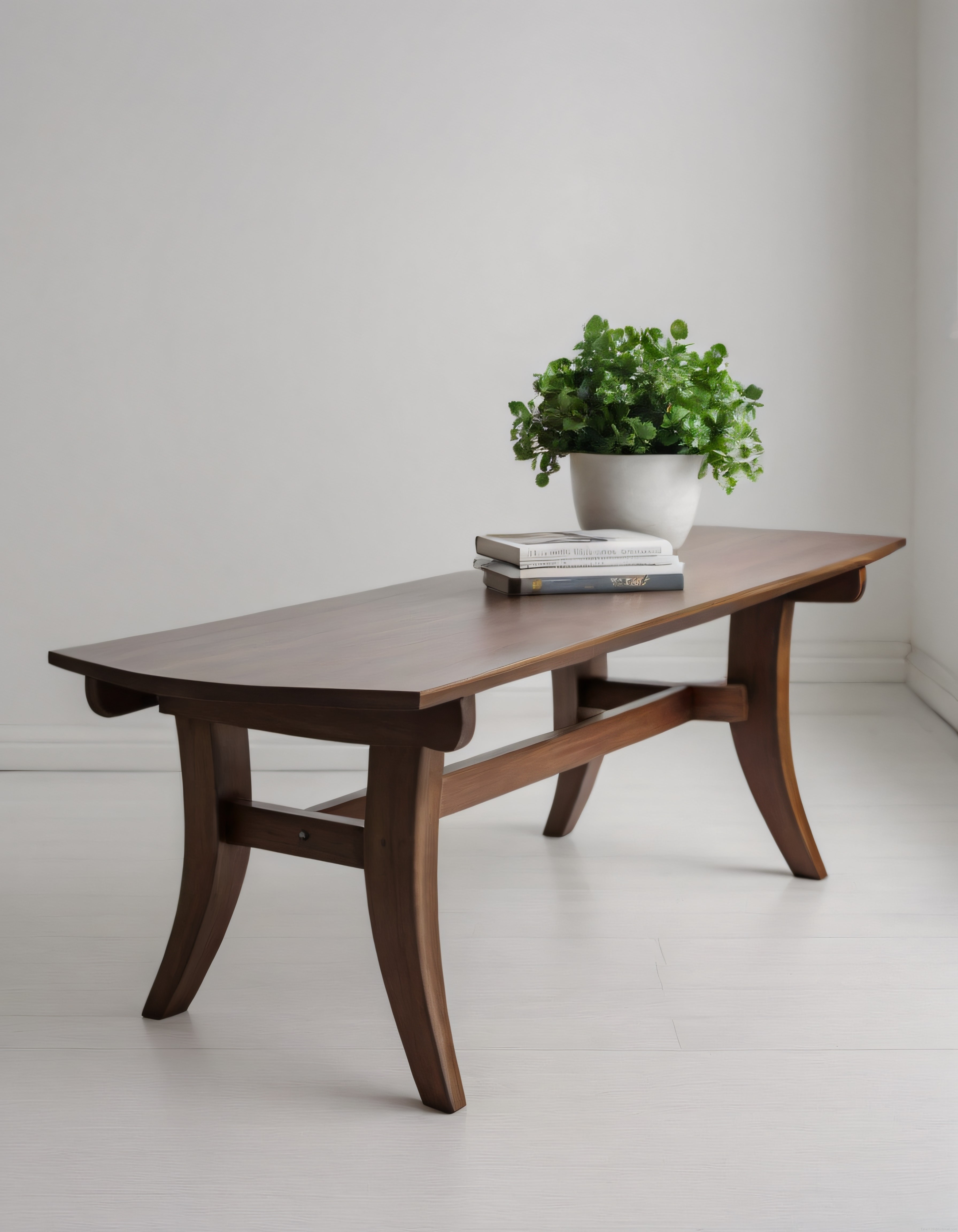 Minimalist Ahşap Orta Sehpa ve Yeşil Bitki ile Sade Salon Dekorasyonu