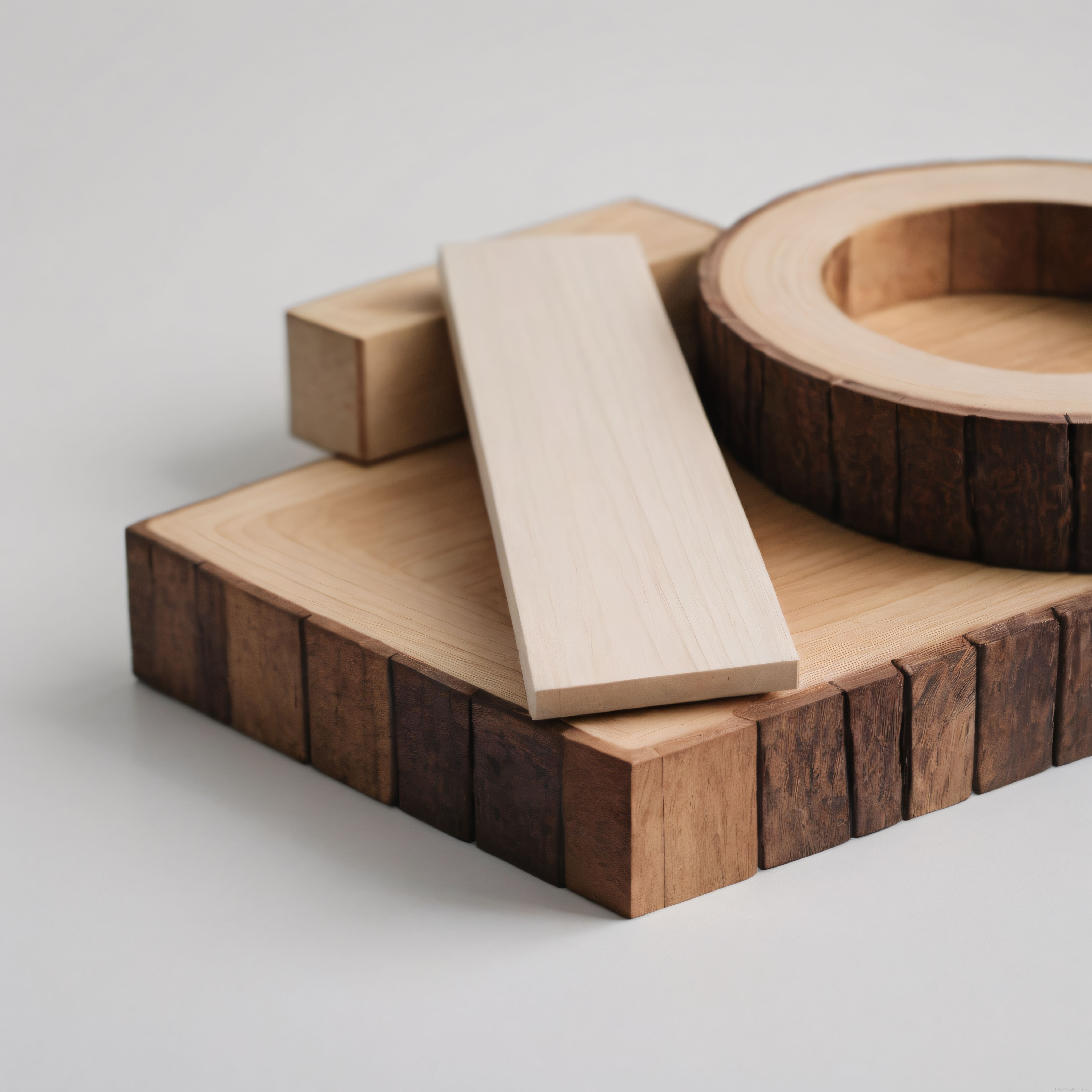 minimalist ahşap oyuncak parçaları ve geometrik bloklar beyaz arka planda