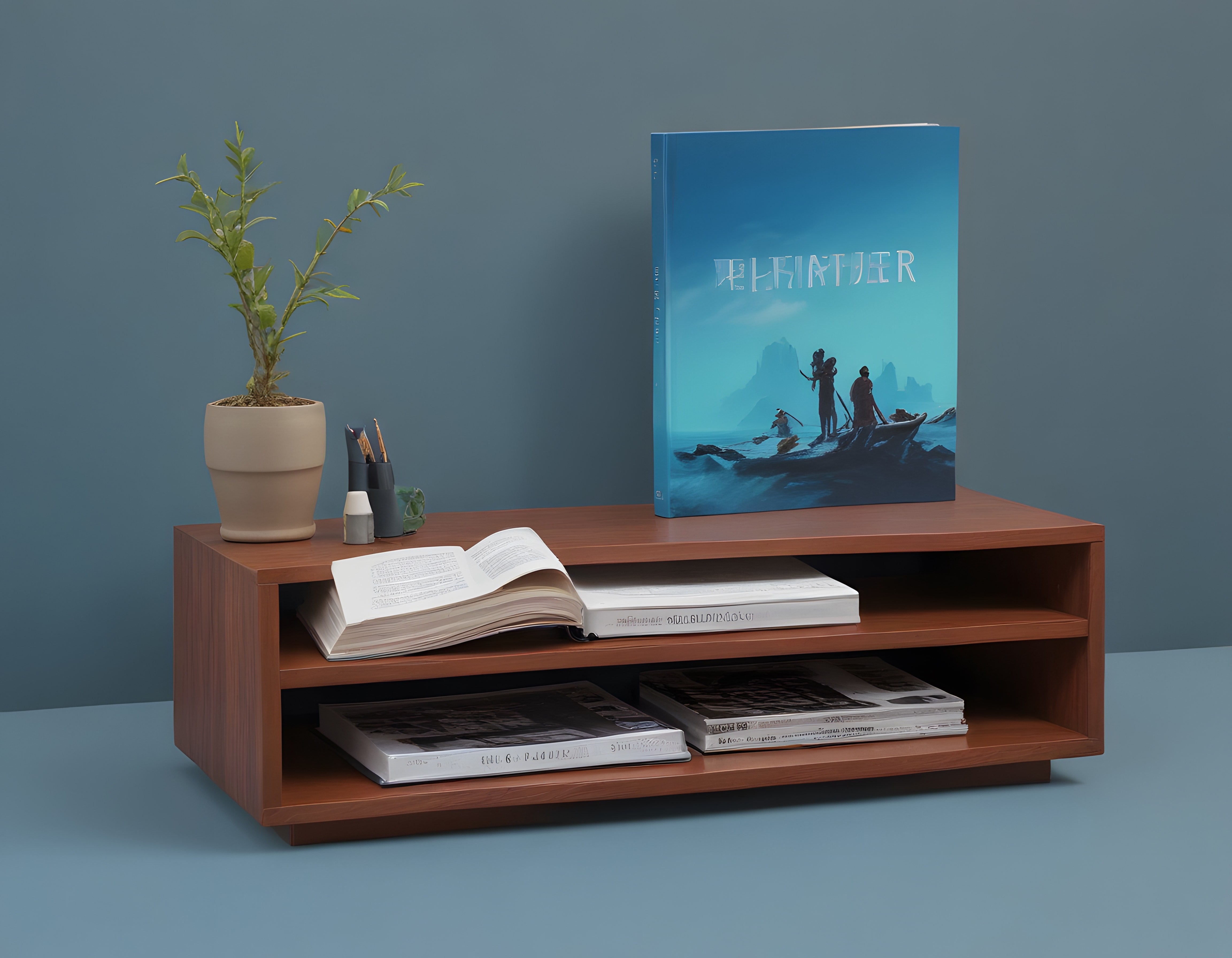 Minimalist Ahşap Raf Üzerinde Kitaplar ve Fantastik Kitap Kapaklı Dekor