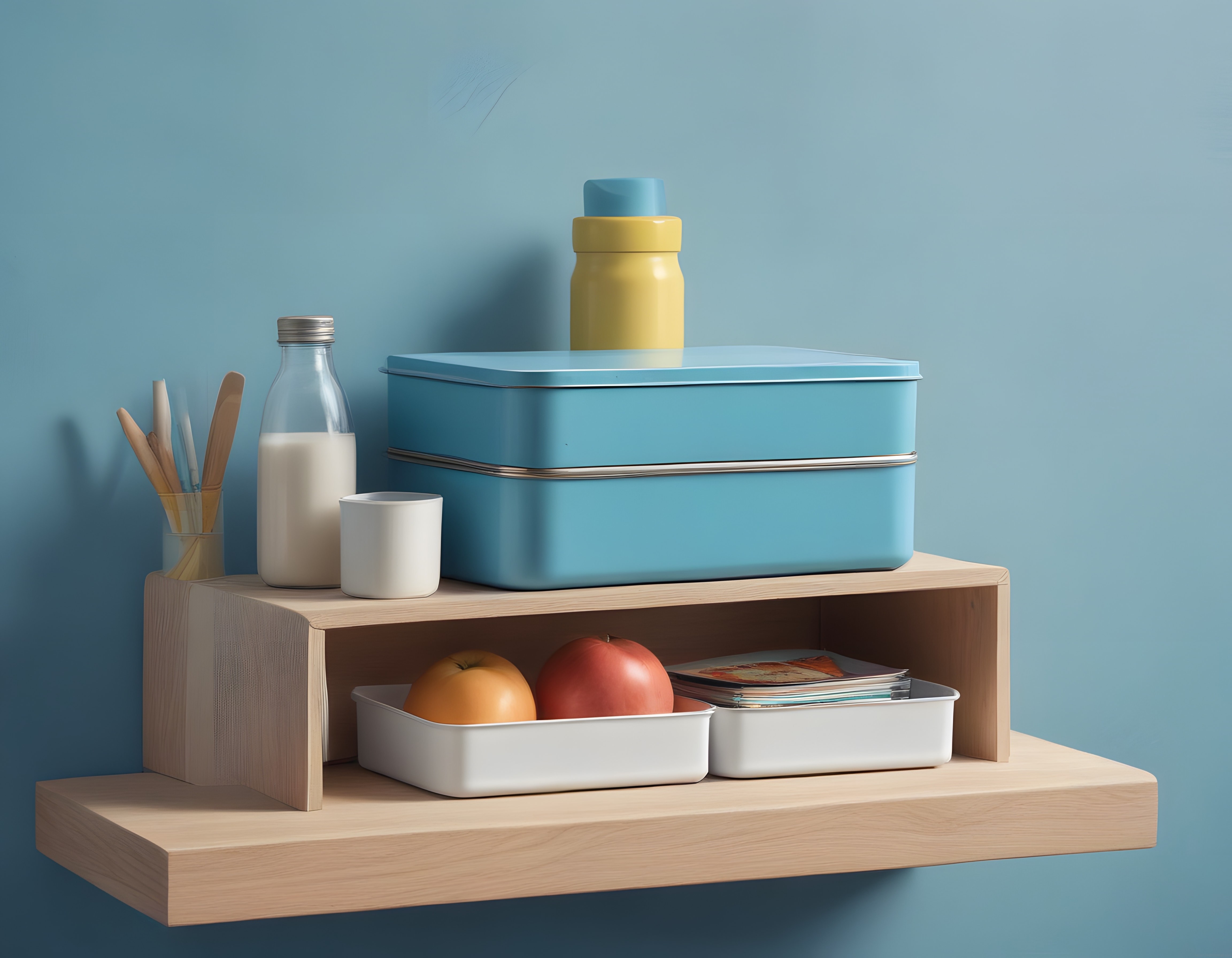 Minimalist Ahşap Raf Üzerinde Mavi Beslenme Kutusu ve Termos ile Sağlıklı Düzen