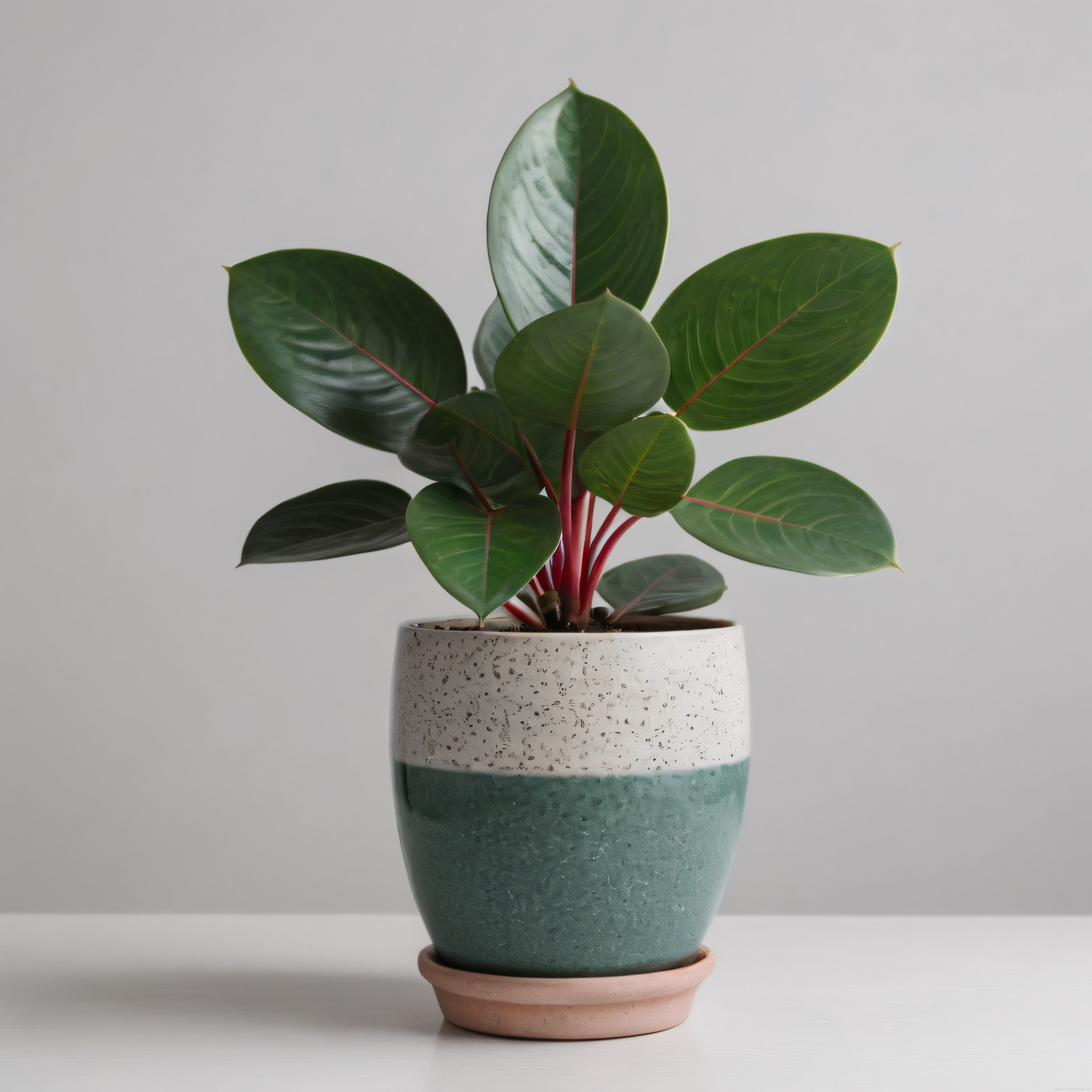 Minimalist Arka Planda Seramik Saksıda Büyük Yapraklı Yeşil Salon Bitkisi