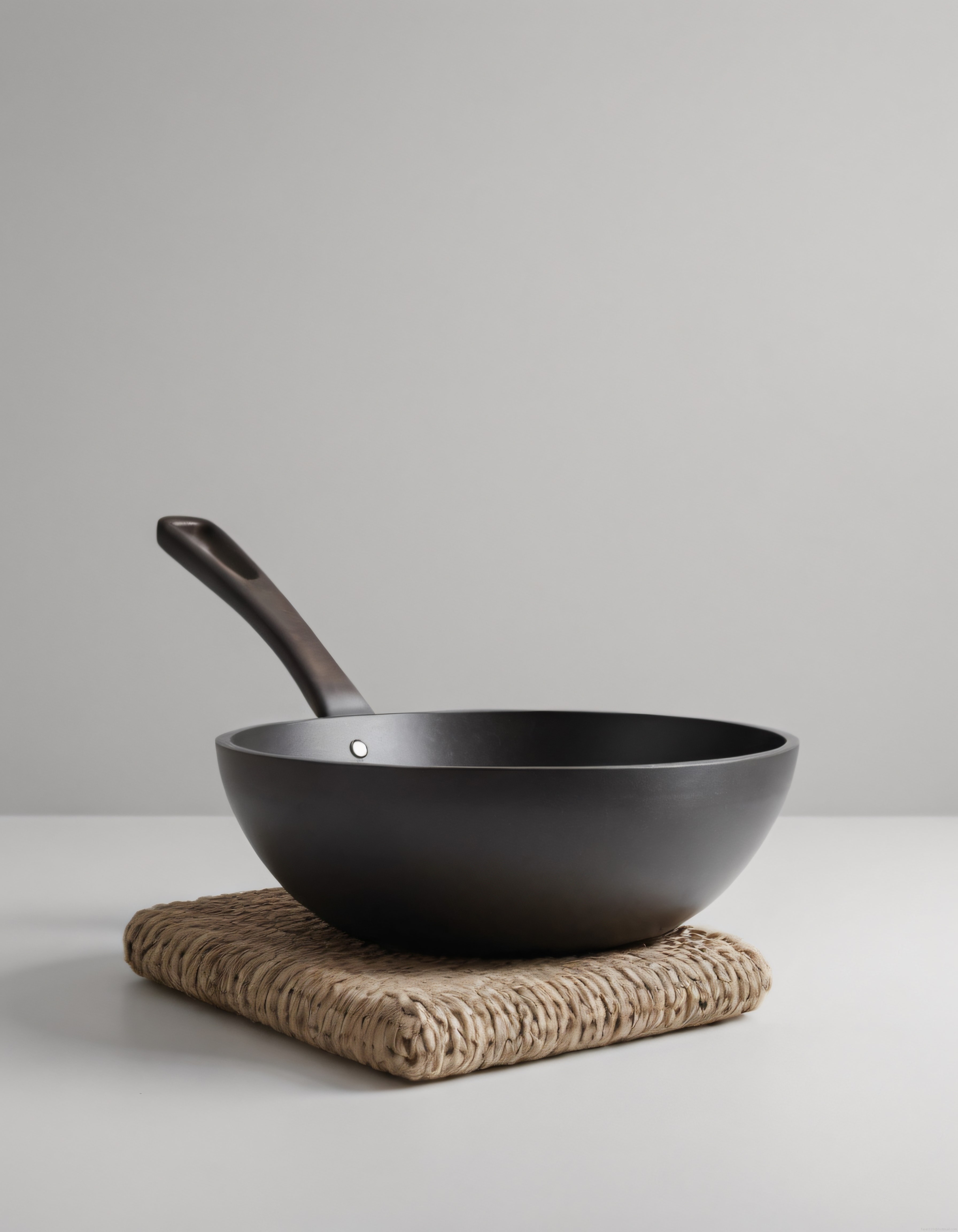 Minimalist Arka Planda Siyah Wok Tava ve El Yapımı Örgü Hasır Altlık