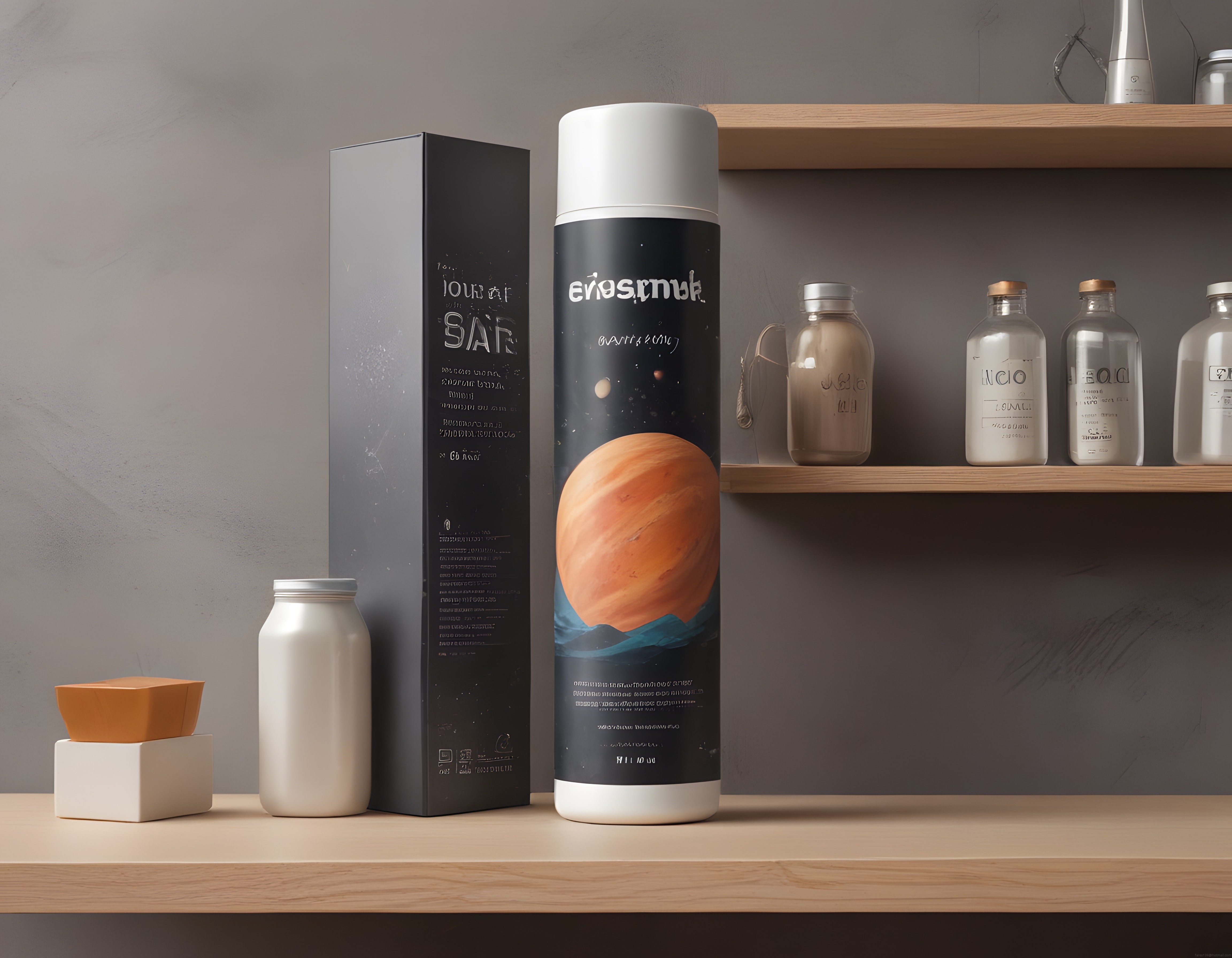Minimalist banyo rafında uzay temalı ambalaj tasarımı detayları