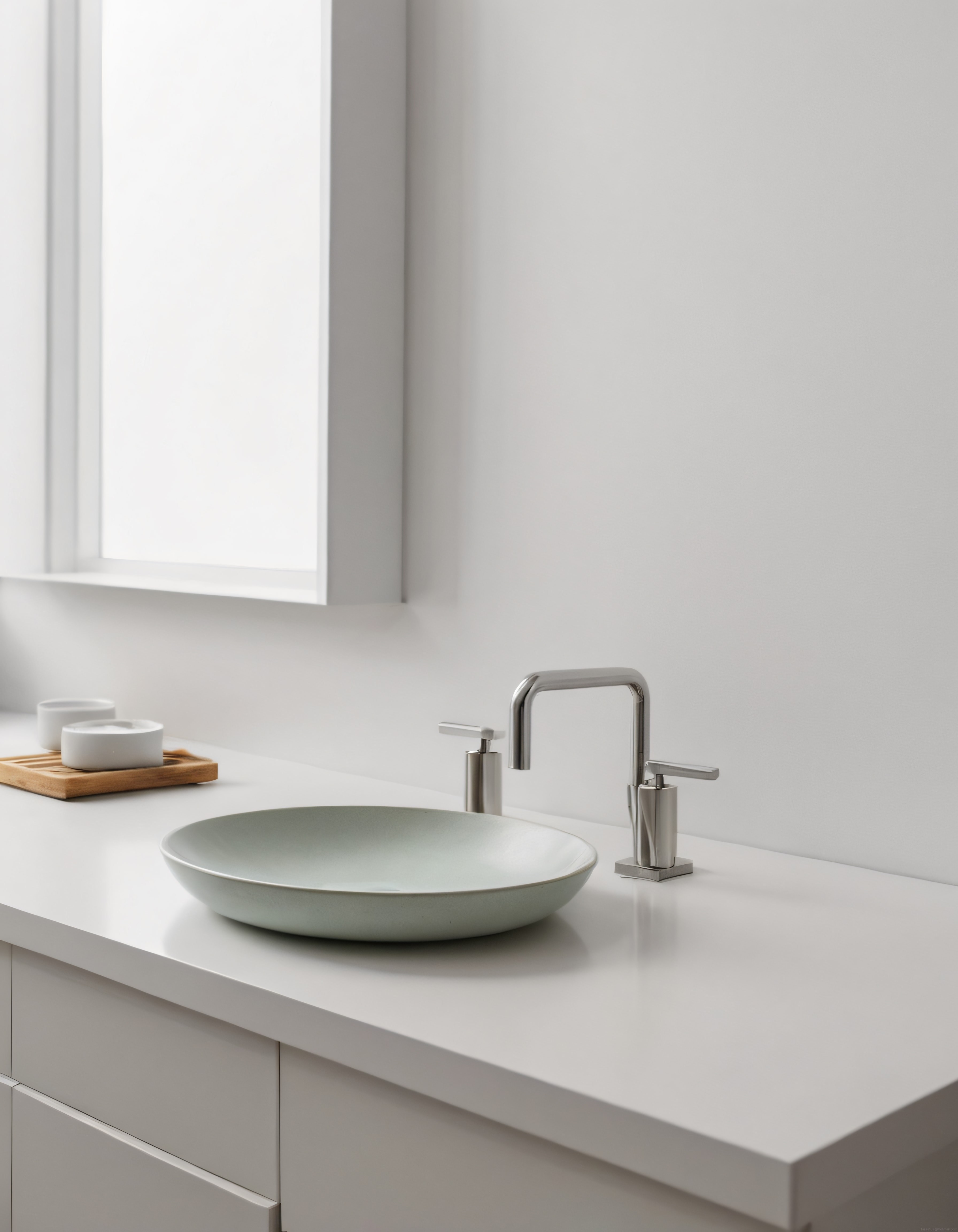 Minimalist Banyo Tasarımında Açık Yeşil Tezgah Üstü Lavabo ve Krom Detaylar