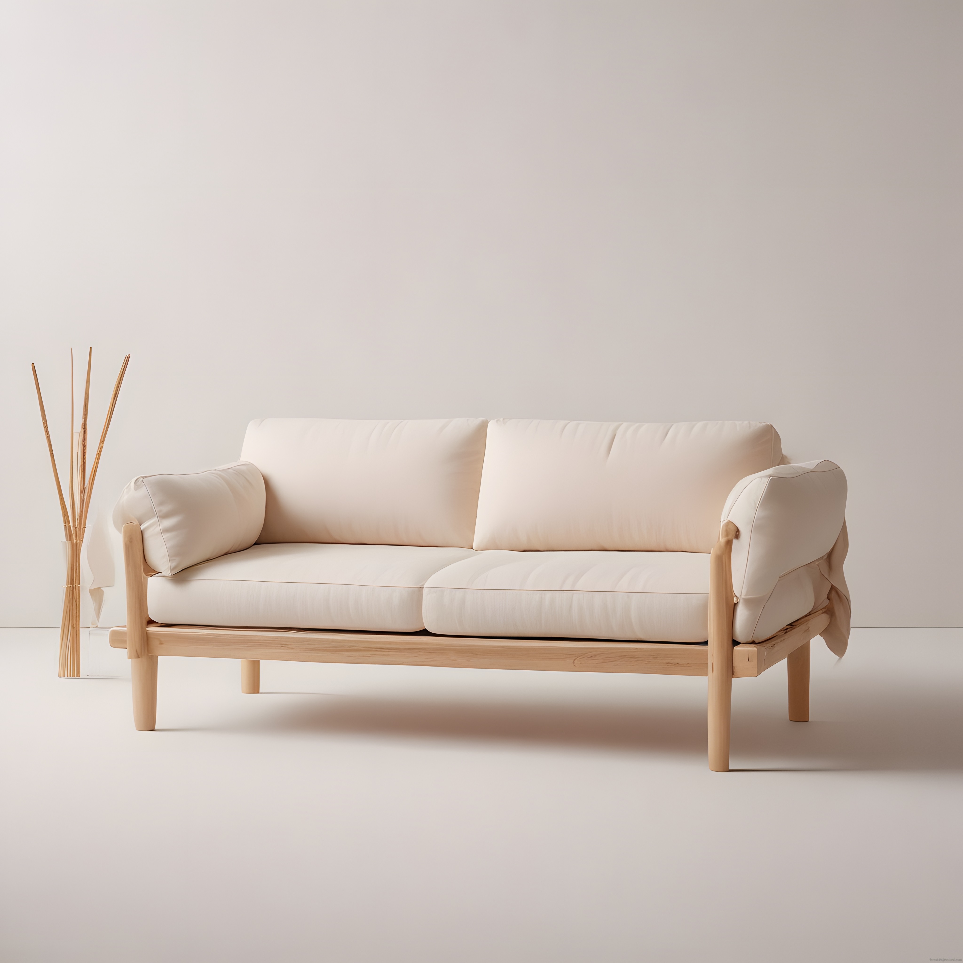 Minimalist bej kanepe ve ahşap detaylarıyla sade bir salon dekorasyonu
