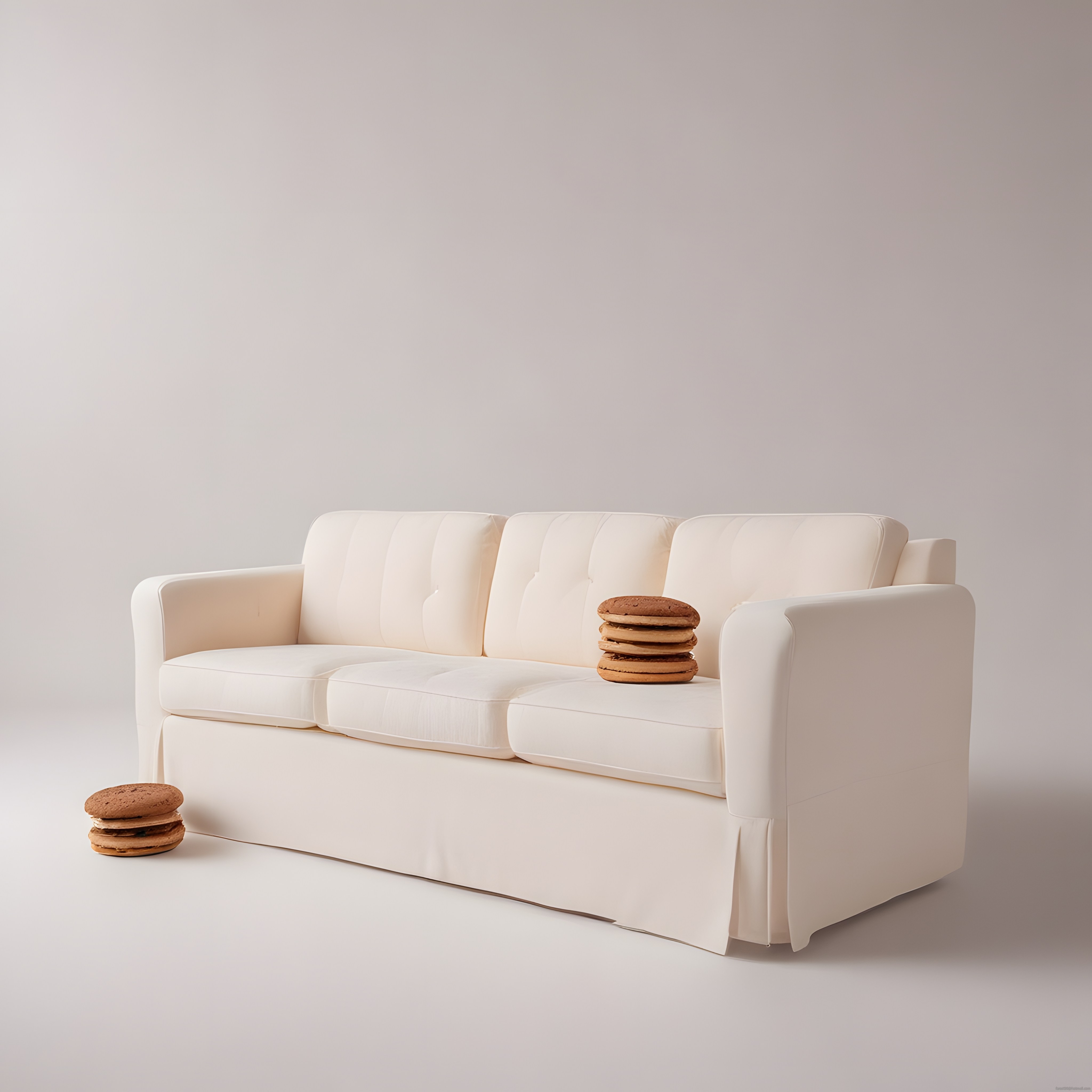 Minimalist Bej Kanepe ve Dev Kurabiyelerle Modern Stüdyo Dekorasyonu