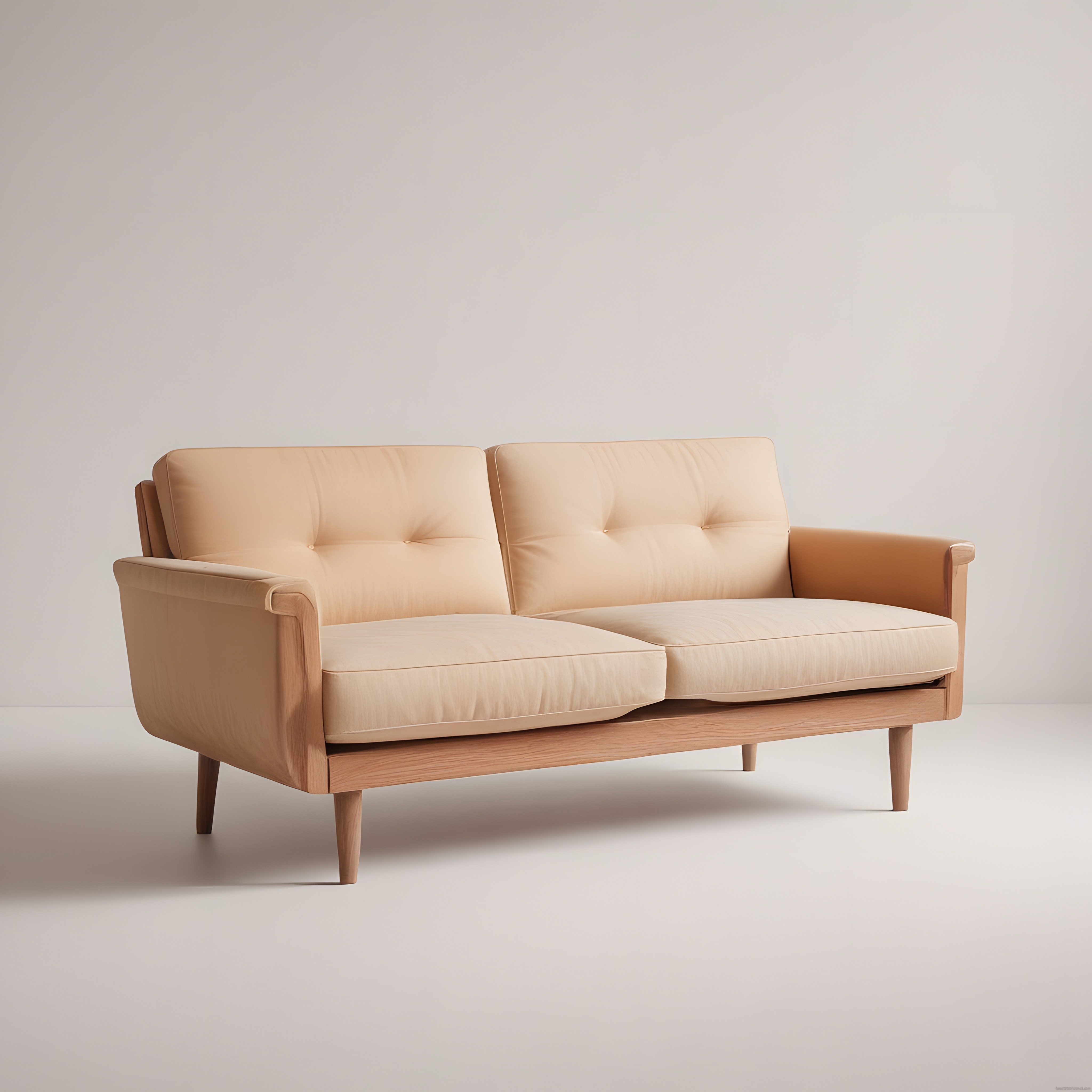 Minimalist Bej Kumaşlı Ahşap Ayaklı Modern Kanepe Stüdyo Çekimi