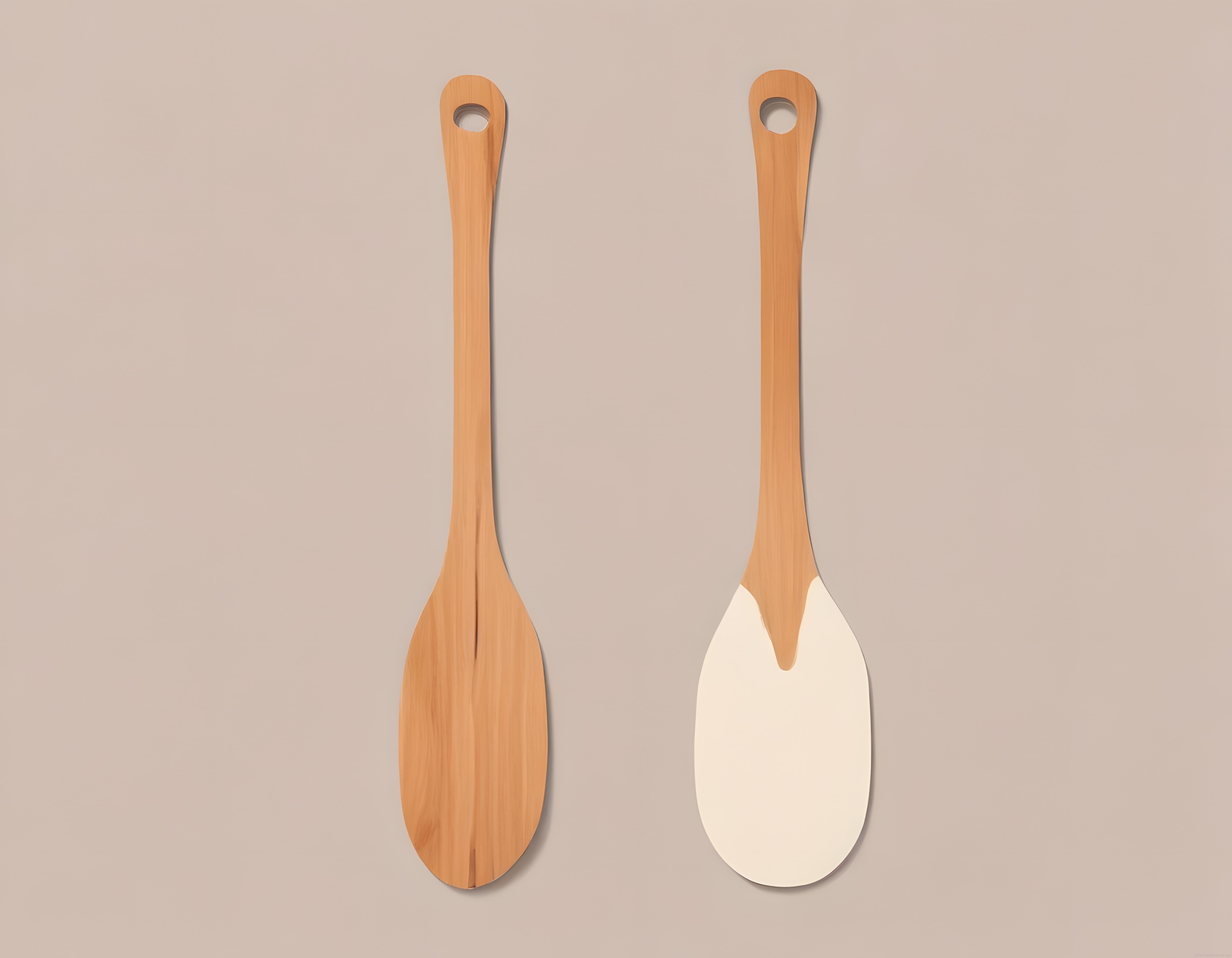 Minimalist Bej Zeminde Doğal Ahşap ve Silikon Mutfak Spatula İkilisi