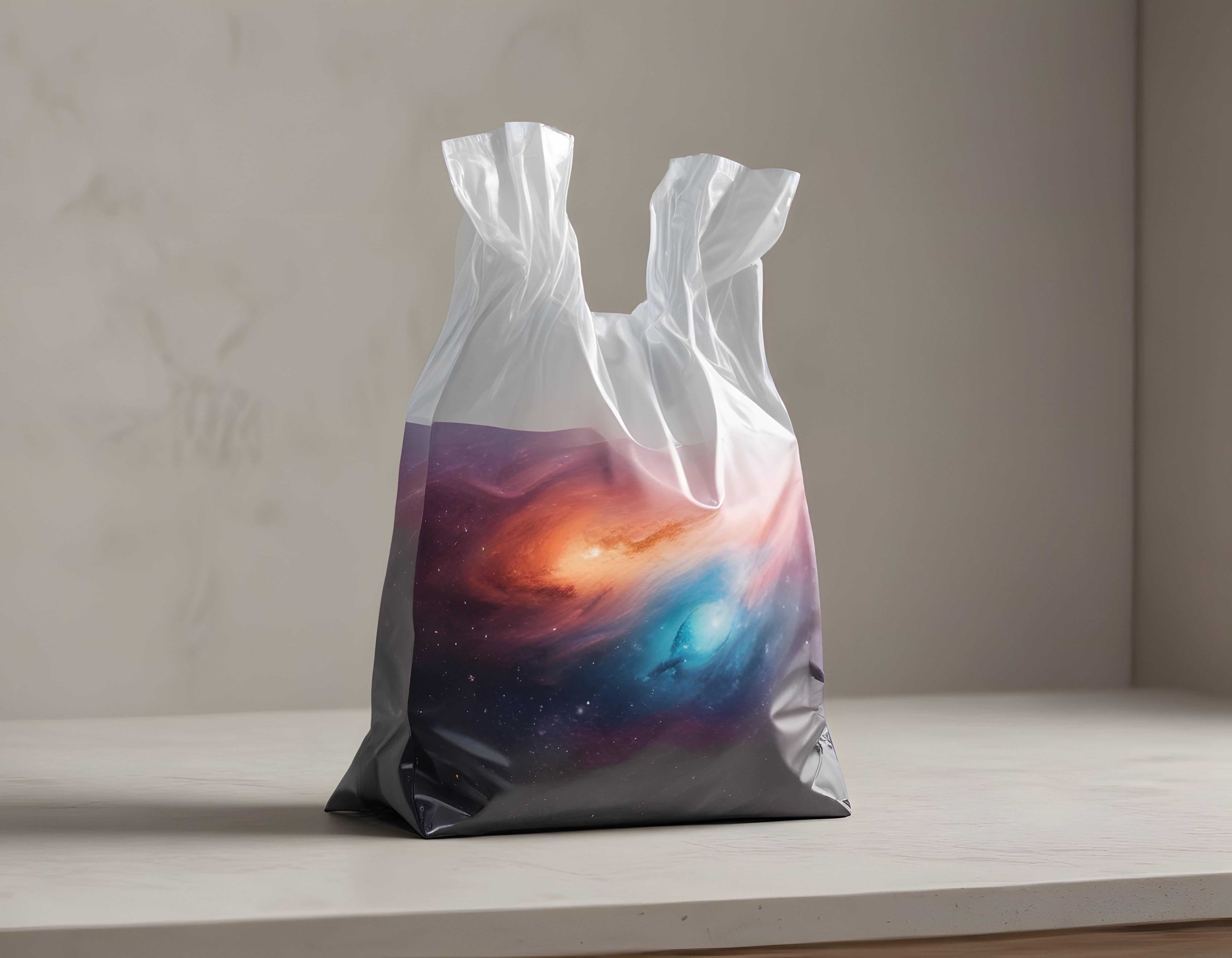 Minimalist beyaz ambalaj poşetinde renkli galaksi ve nebula baskısı Minimalist beyaz ambalaj poşetinde renkli galaksi ve nebula baskısı