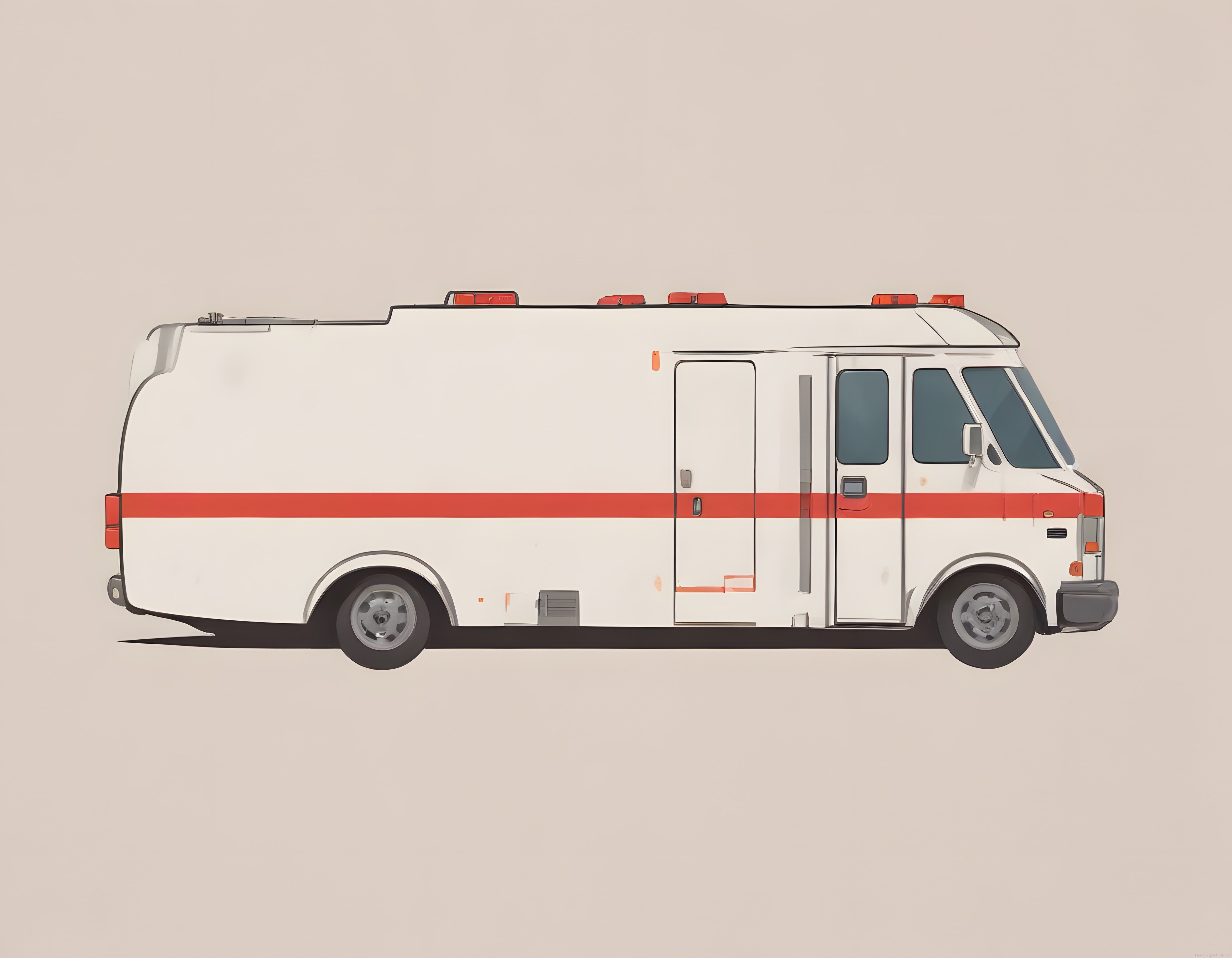 Minimalist beyaz ambulans çizimi, kırmızı şeritli acil yardım aracı