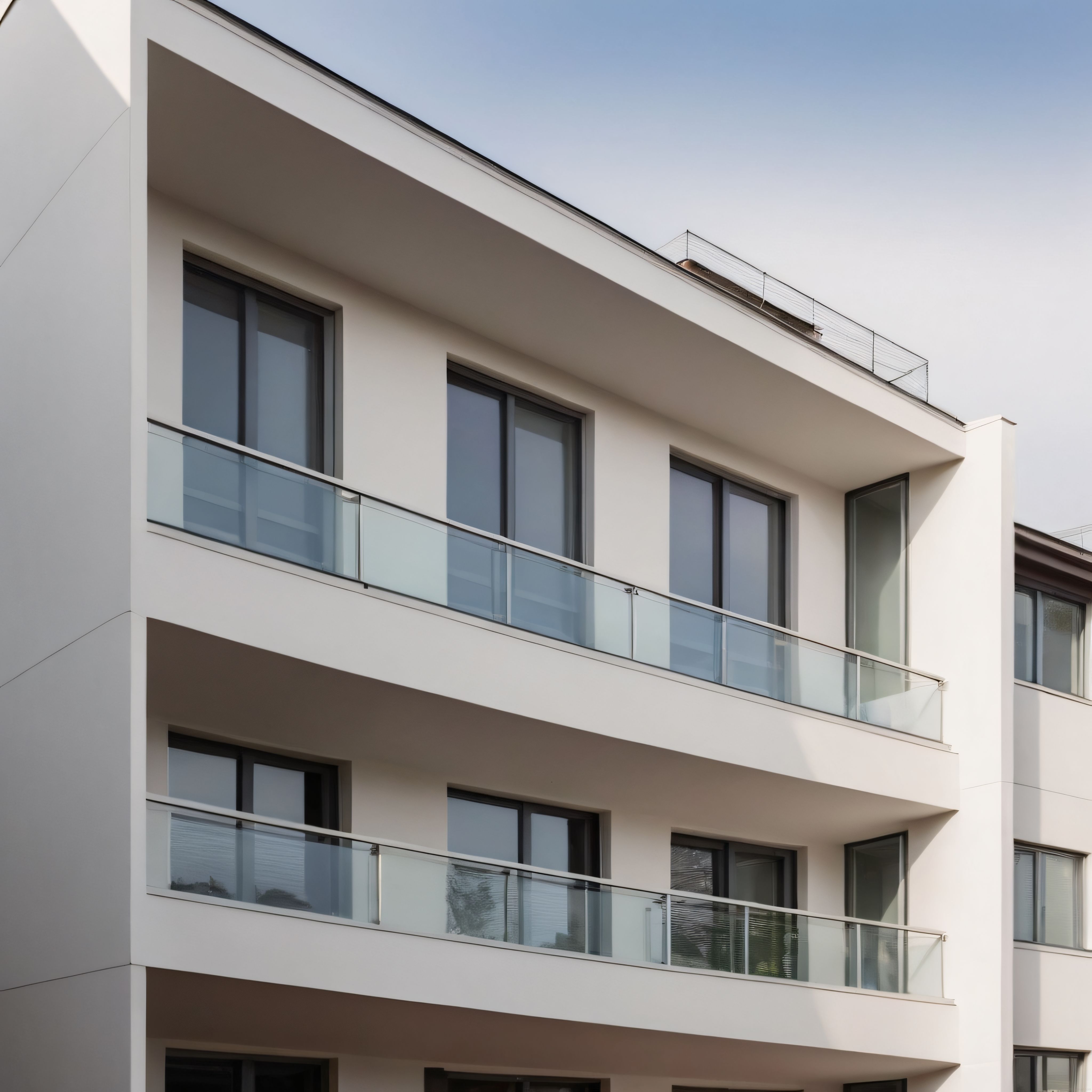 Minimalist Beyaz Apartman: Cam Korkuluklu Modern Konut Cephesi