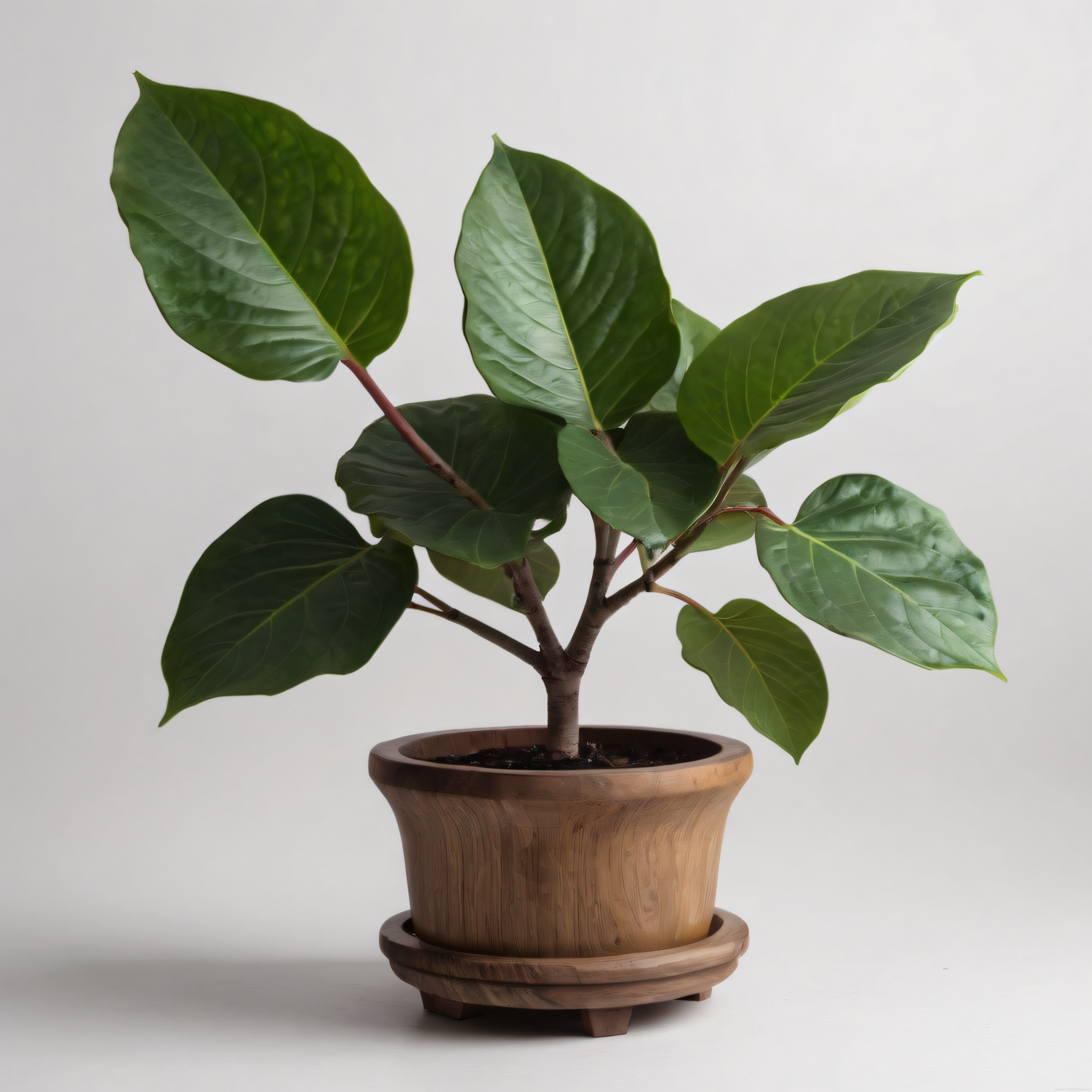 Minimalist Beyaz Arka Planda Ahşap Saksıda Canlı Yeşil Dekoratif Oda Bitkisi