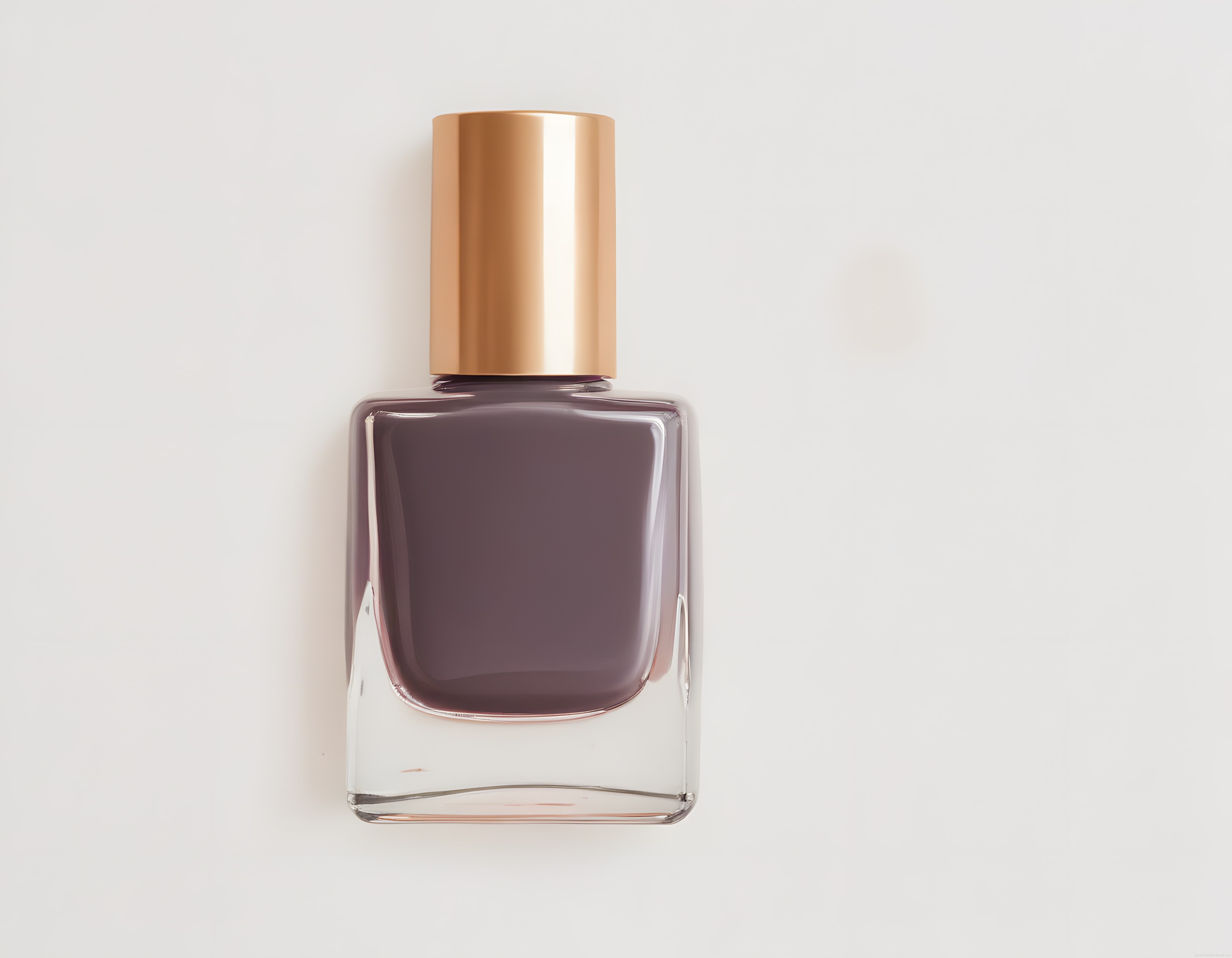 Minimalist Beyaz Arka Planda Bronz Kapaklı Koyu Mor Oje Şişesi