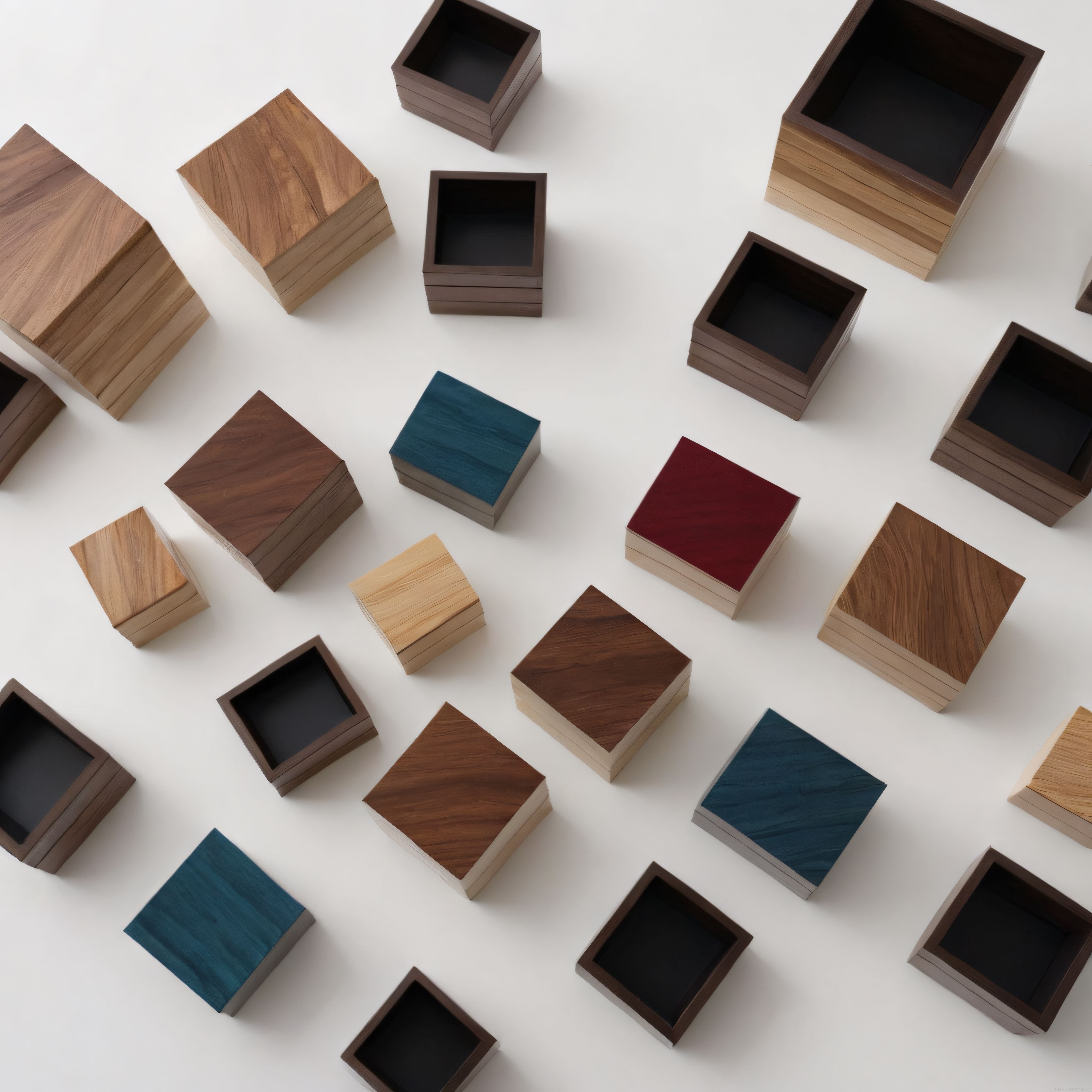 Minimalist Beyaz Arka Planda Çeşitli Geometrik Ahşap Saklama Kutuları Dizilimi