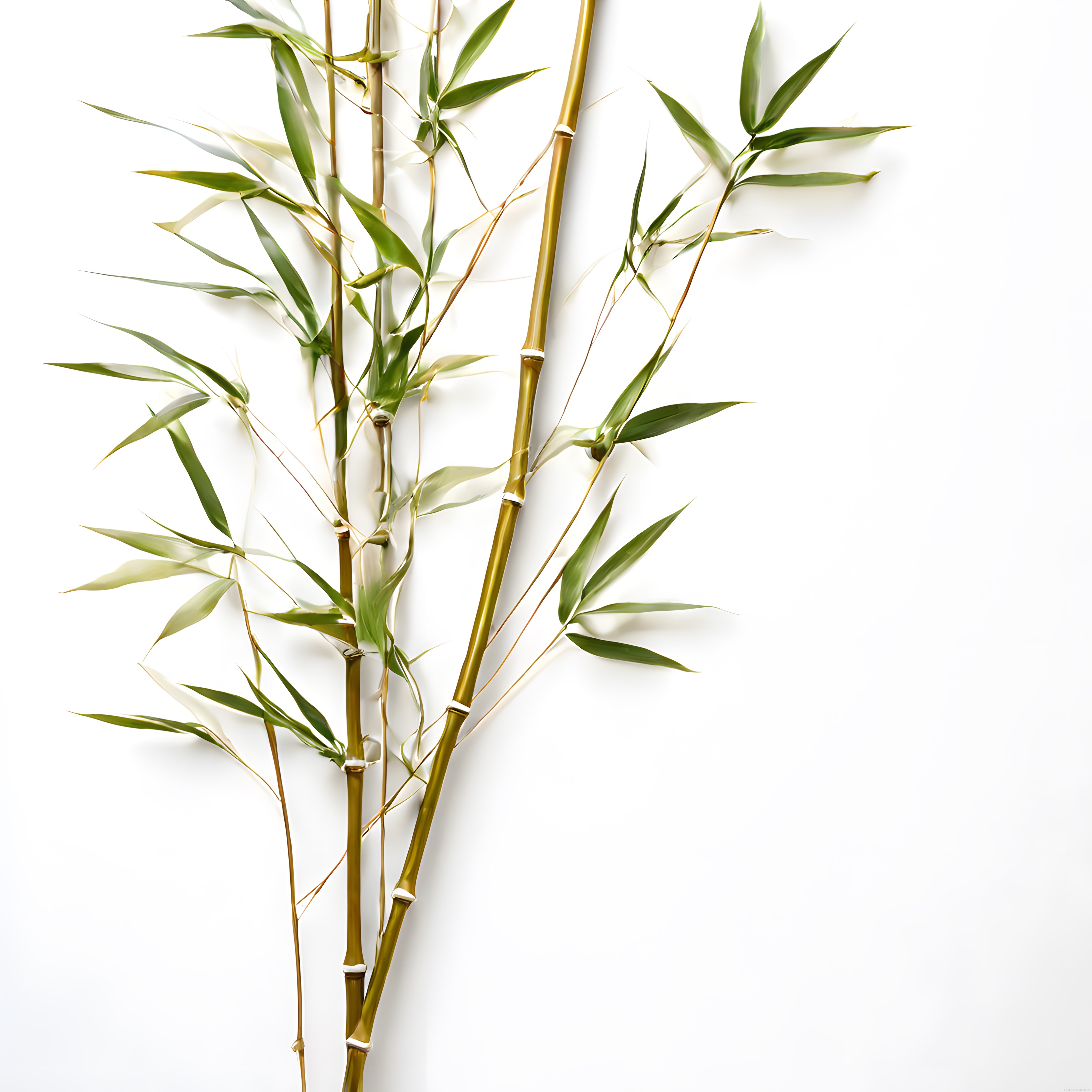 Minimalist Beyaz Arka Planda Doğal Bambu Dalları ve Taze Yeşil Yapraklar