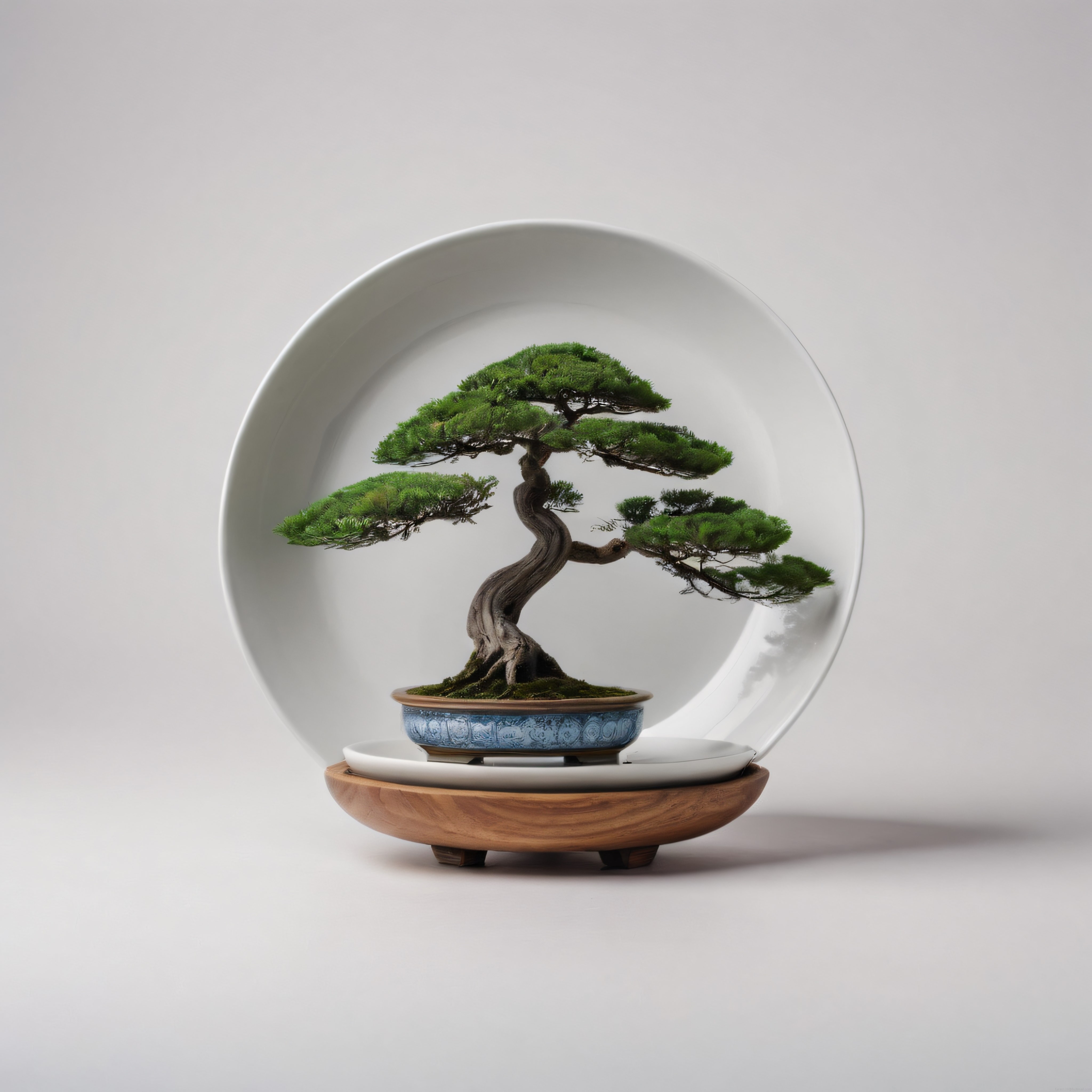 Minimalist beyaz arka planda estetik bonsai ağacı ve modern seramik kase