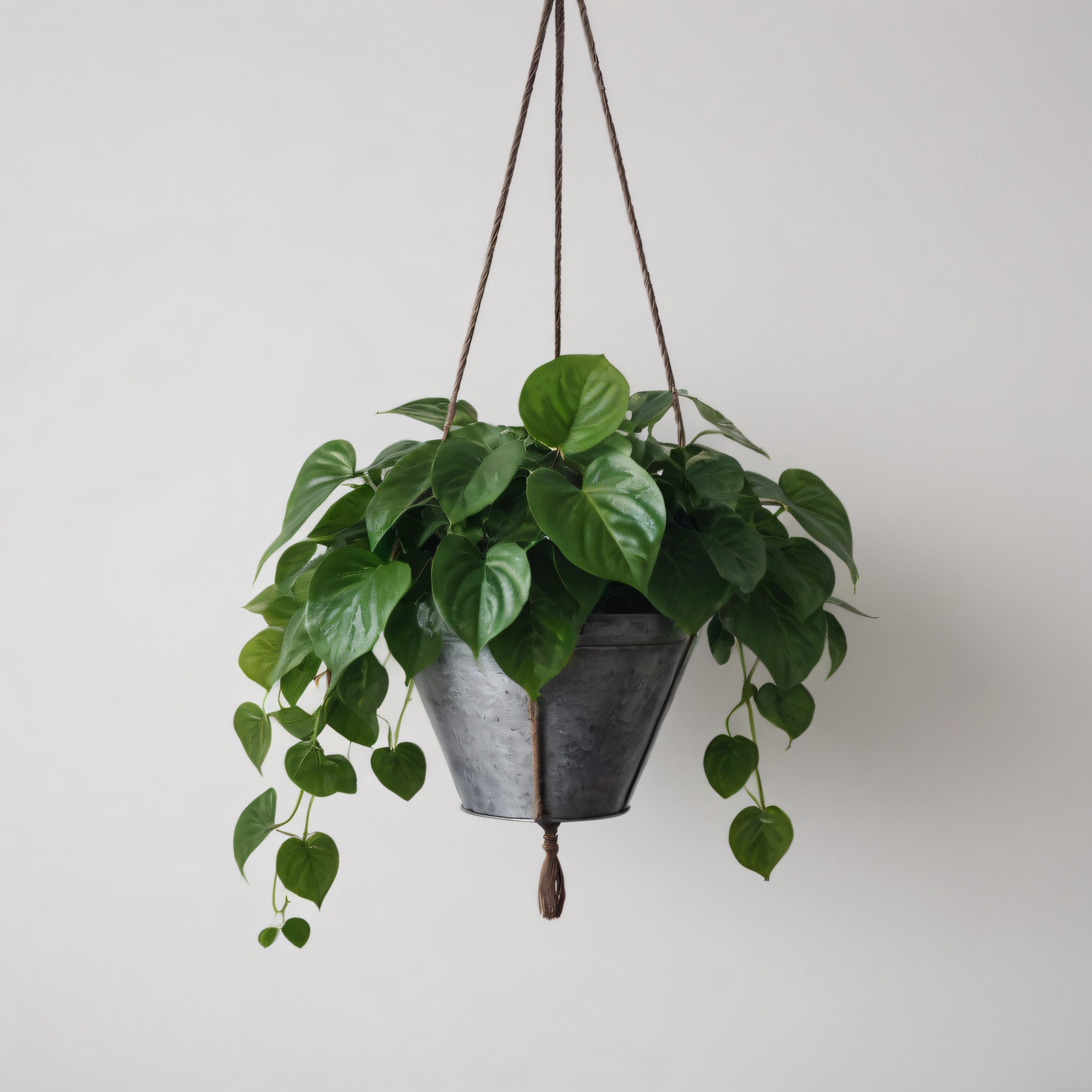 Minimalist Beyaz Arka Planda Galvaniz Saksıda Asılı Yeşil Pothos Bitkisi
