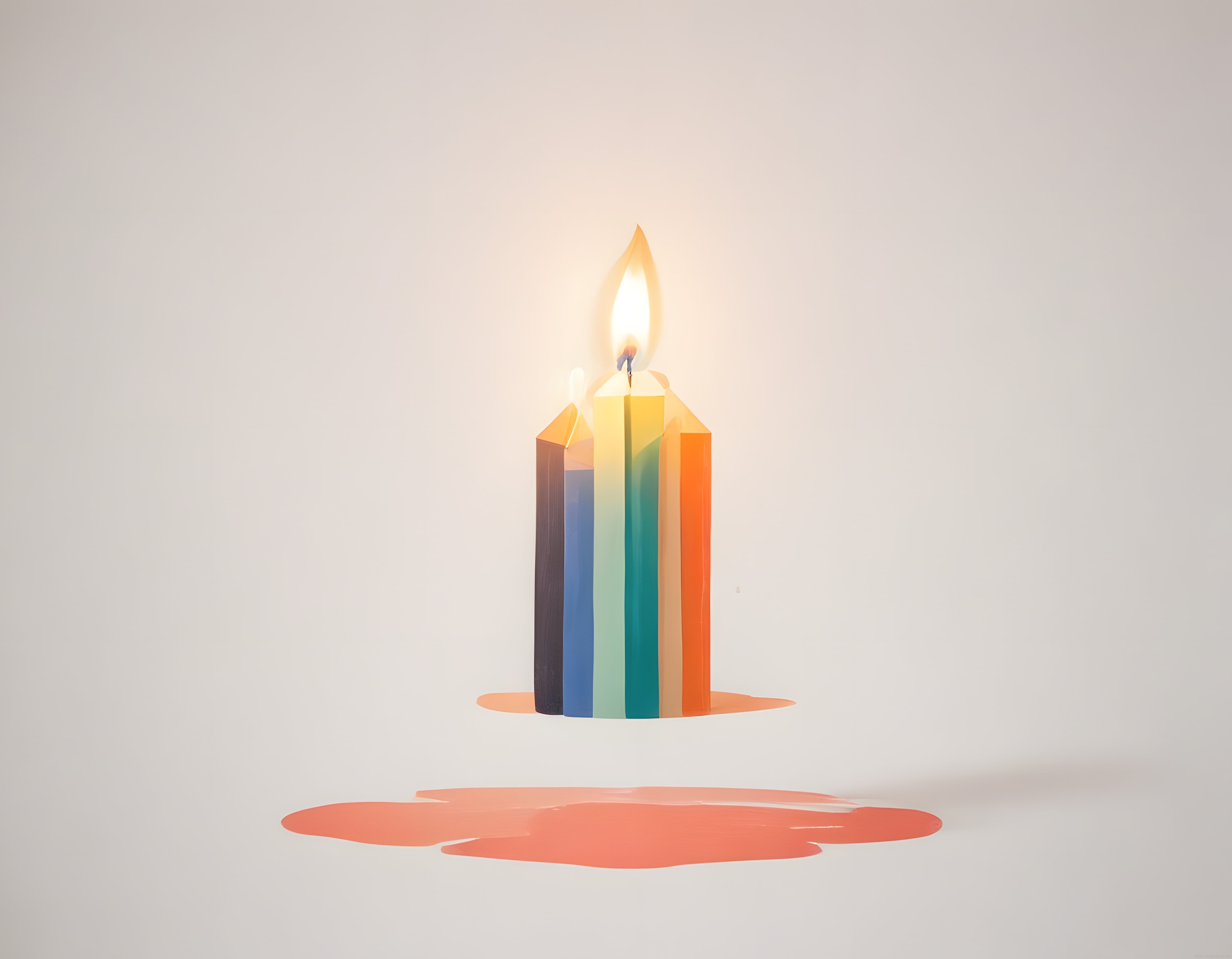 Minimalist Beyaz Arka Planda Gökkuşağı Renkli Geometrik Dekoratif Mum ve Alev