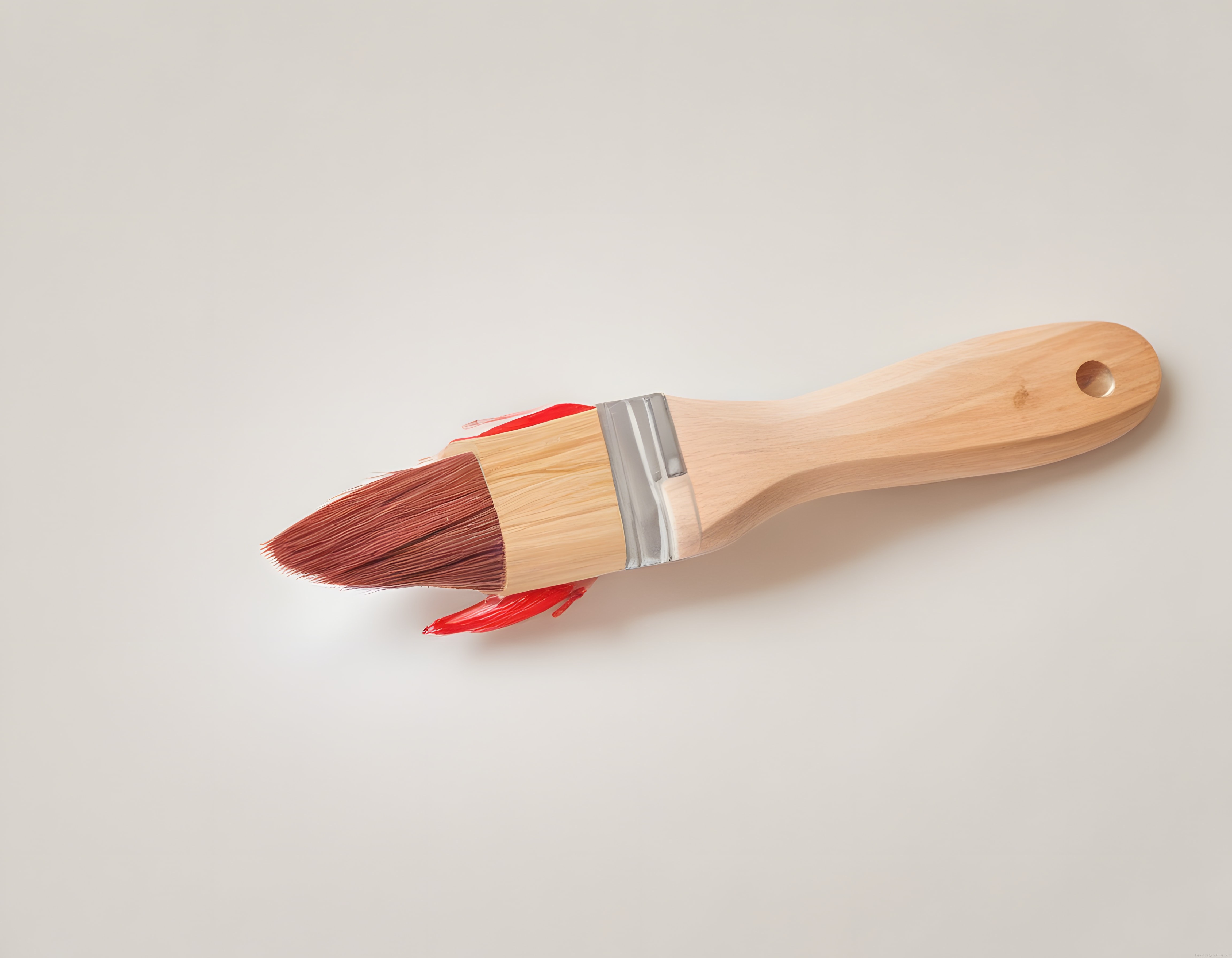 Minimalist Beyaz Arka Planda Kırmızı Boyalı Doğal Ahşap Saplı Fırça