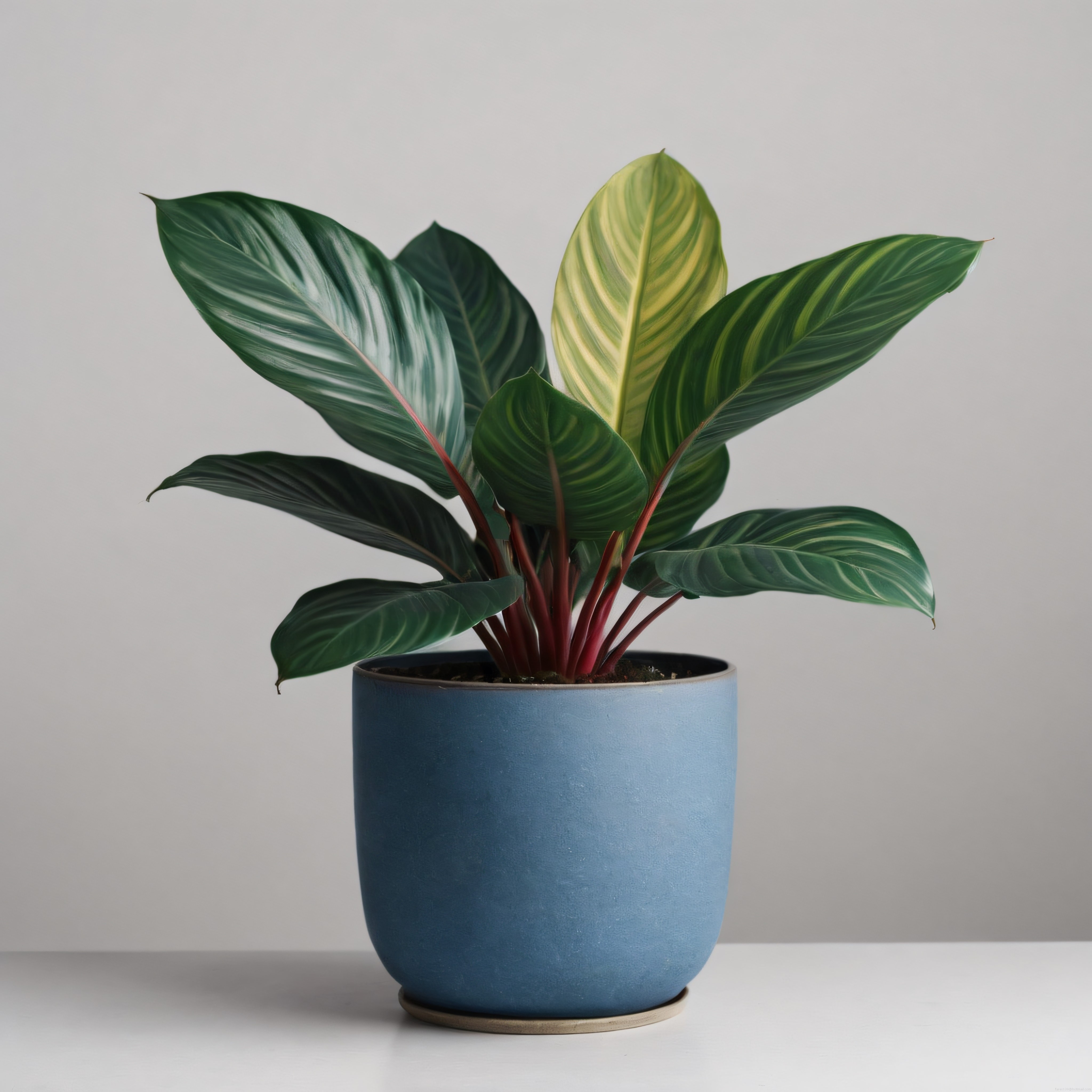 Minimalist Beyaz Arka Planda Mavi Saksılı Calathea Bitkisi ve Ev Dekoru