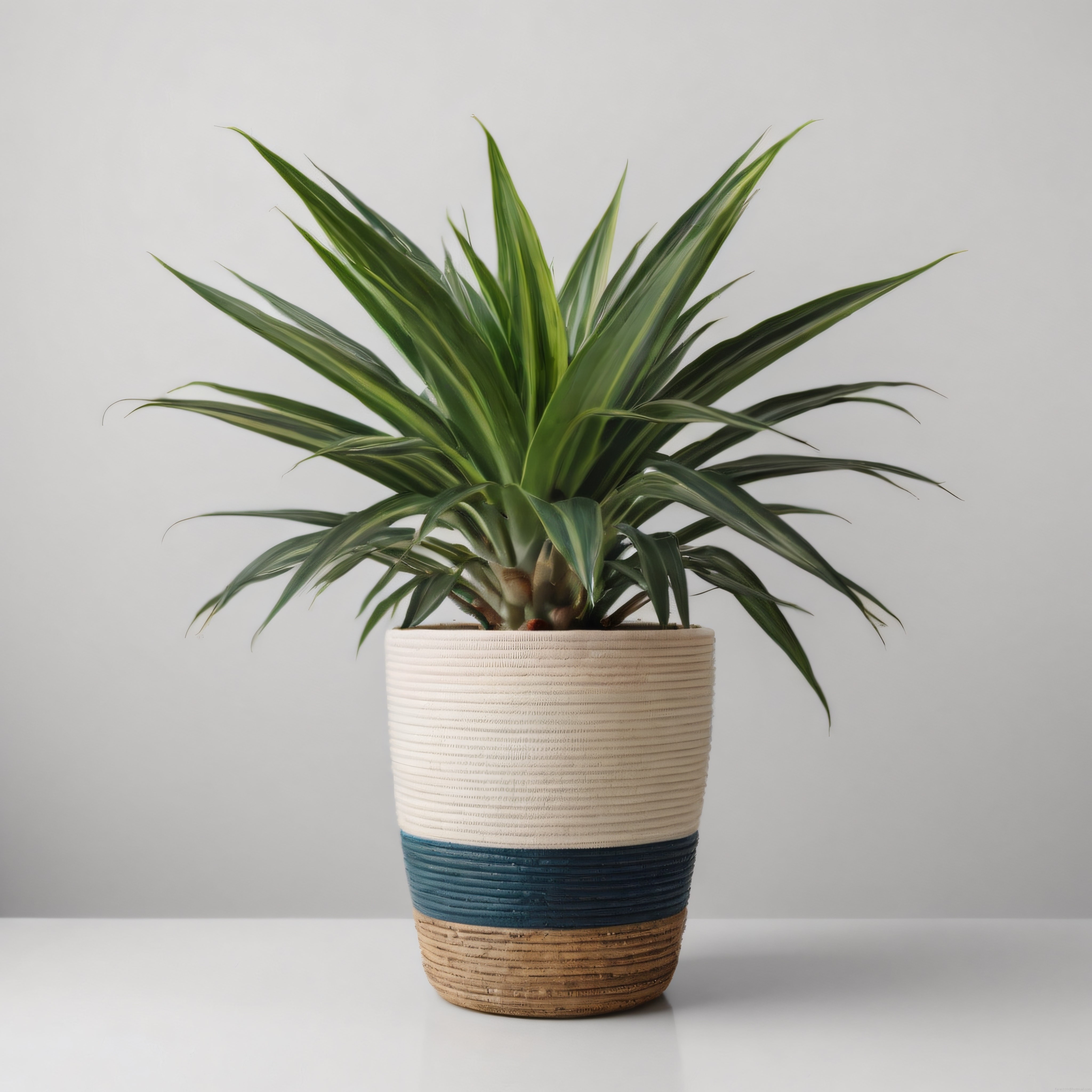 Minimalist Beyaz Arka Planda Örgü Saksıda Yeşil Yucca Bitkisi