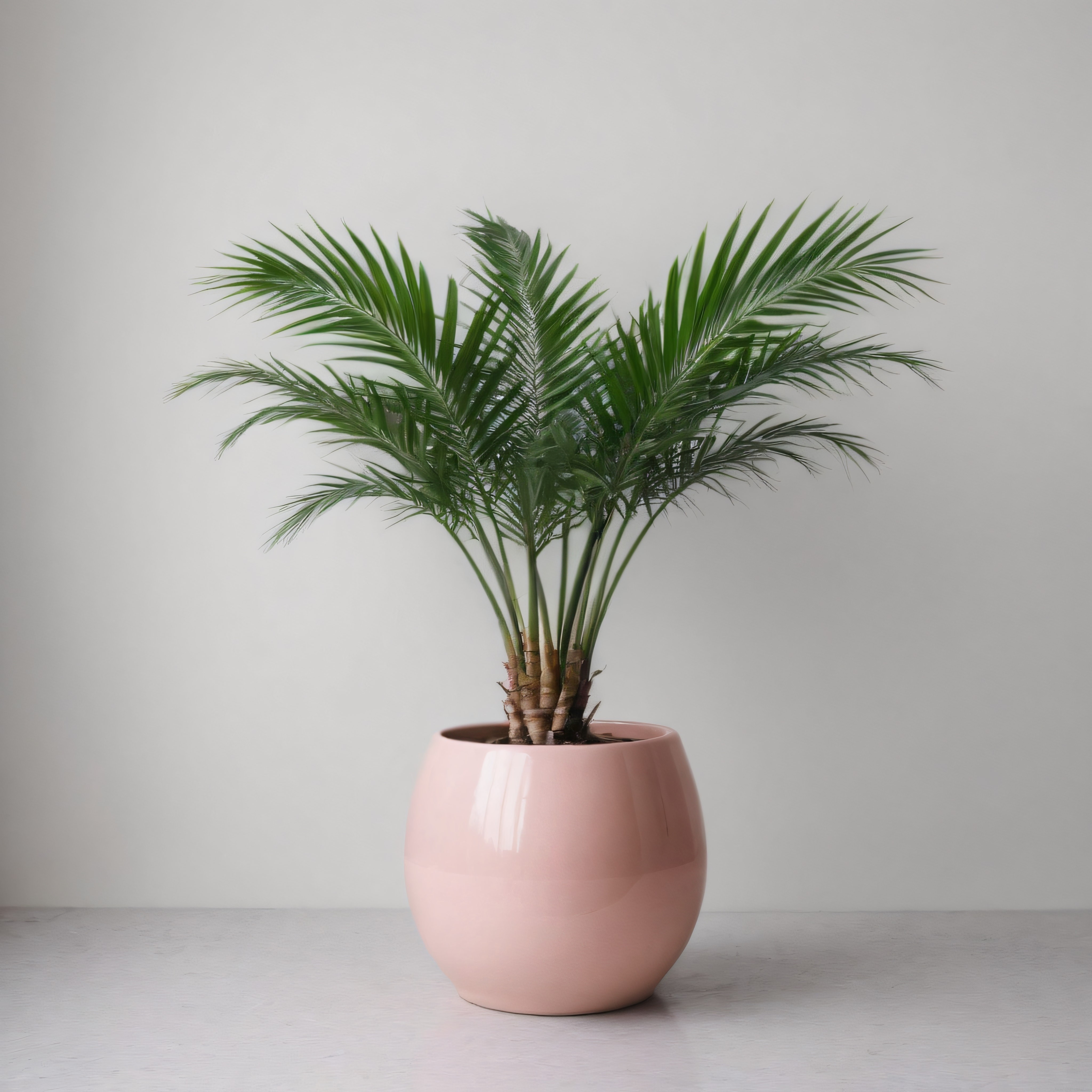 Minimalist Beyaz Arka Planda Pembe Saksıda Parlour Palmiye Bitkisi