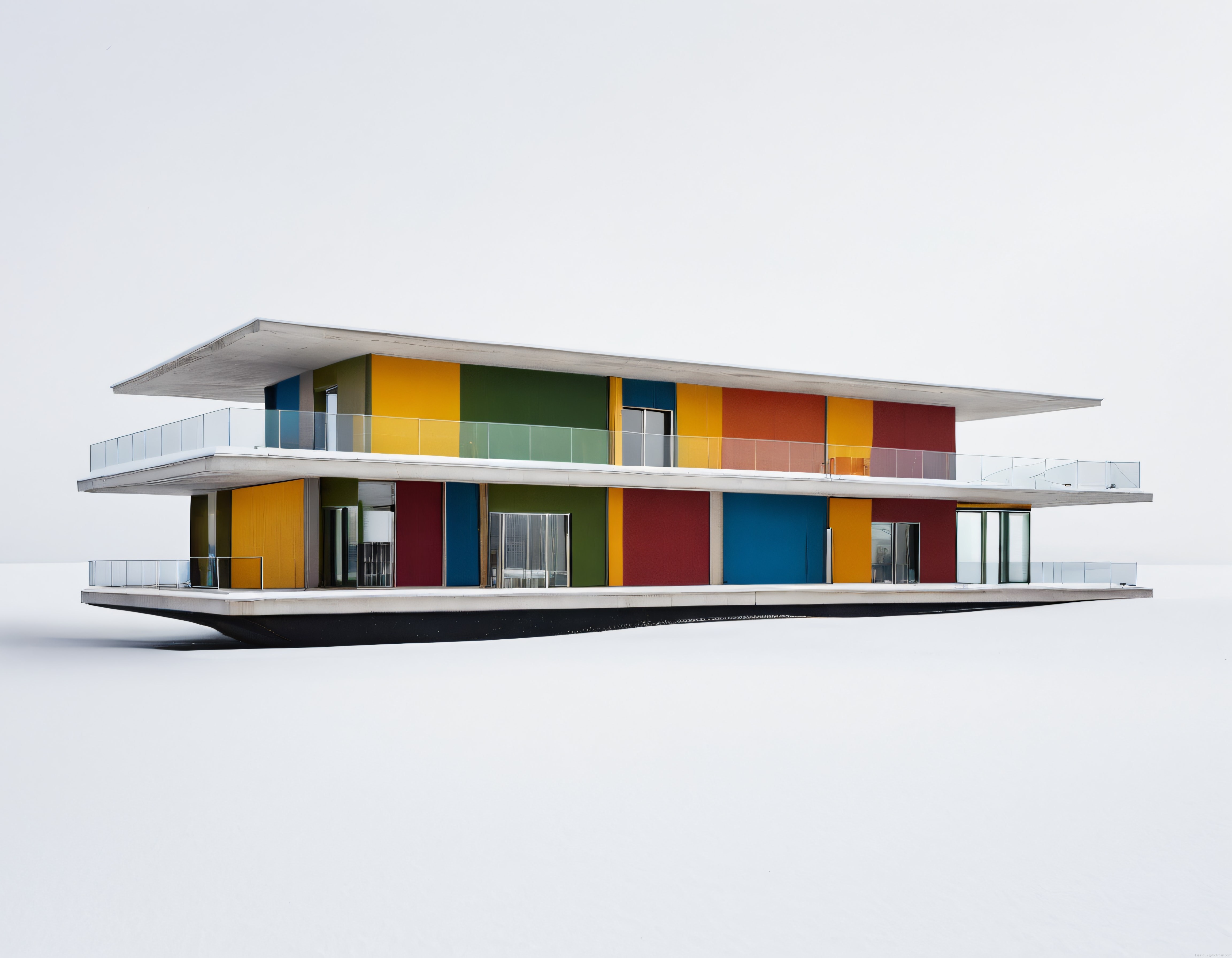 Minimalist Beyaz Arka Planda Renkli Cepheli Çağdaş Mimari Yapı Tasarımı