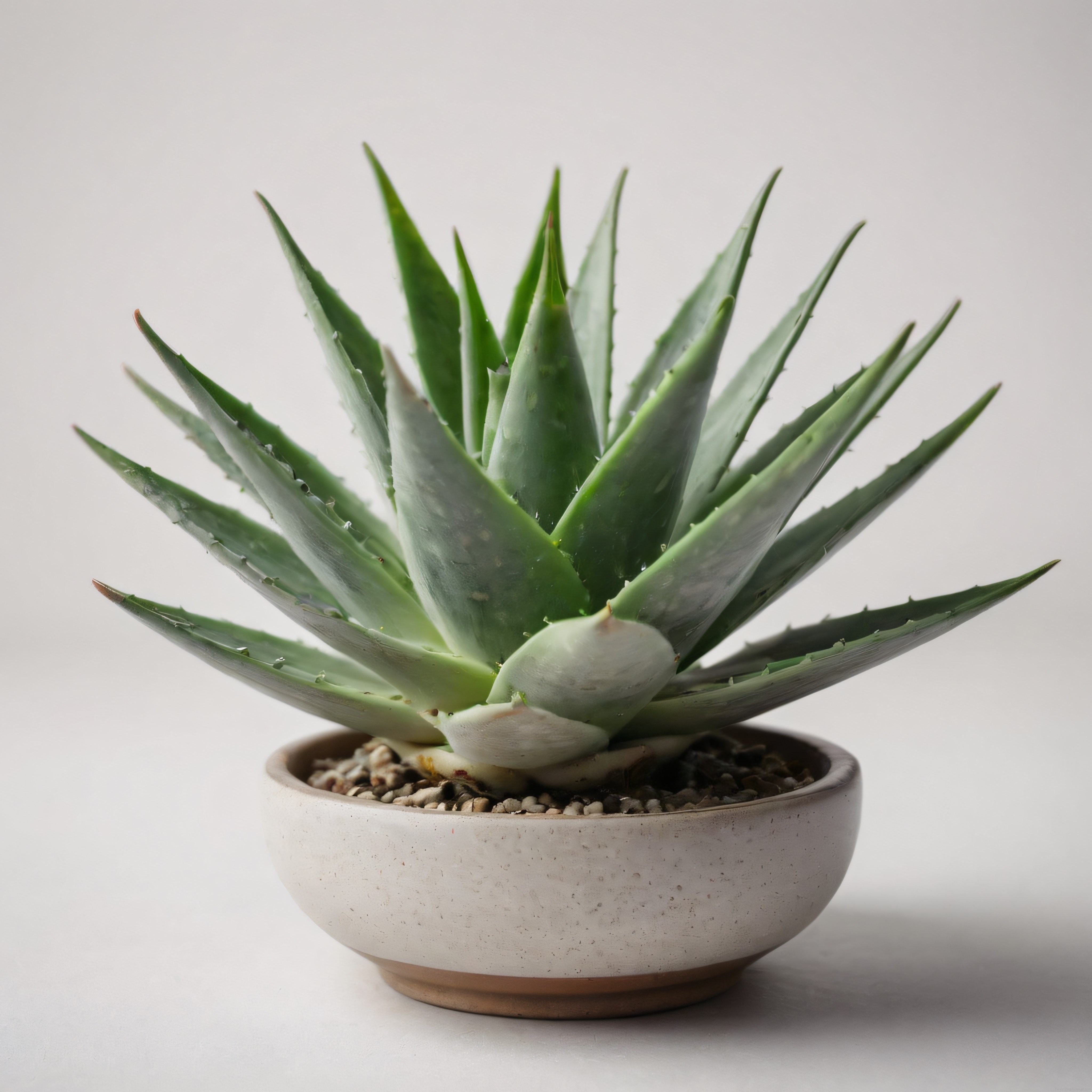 Minimalist Beyaz Arka Planda Seramik Saksıda Canlı Aloe Vera Bitkisi
