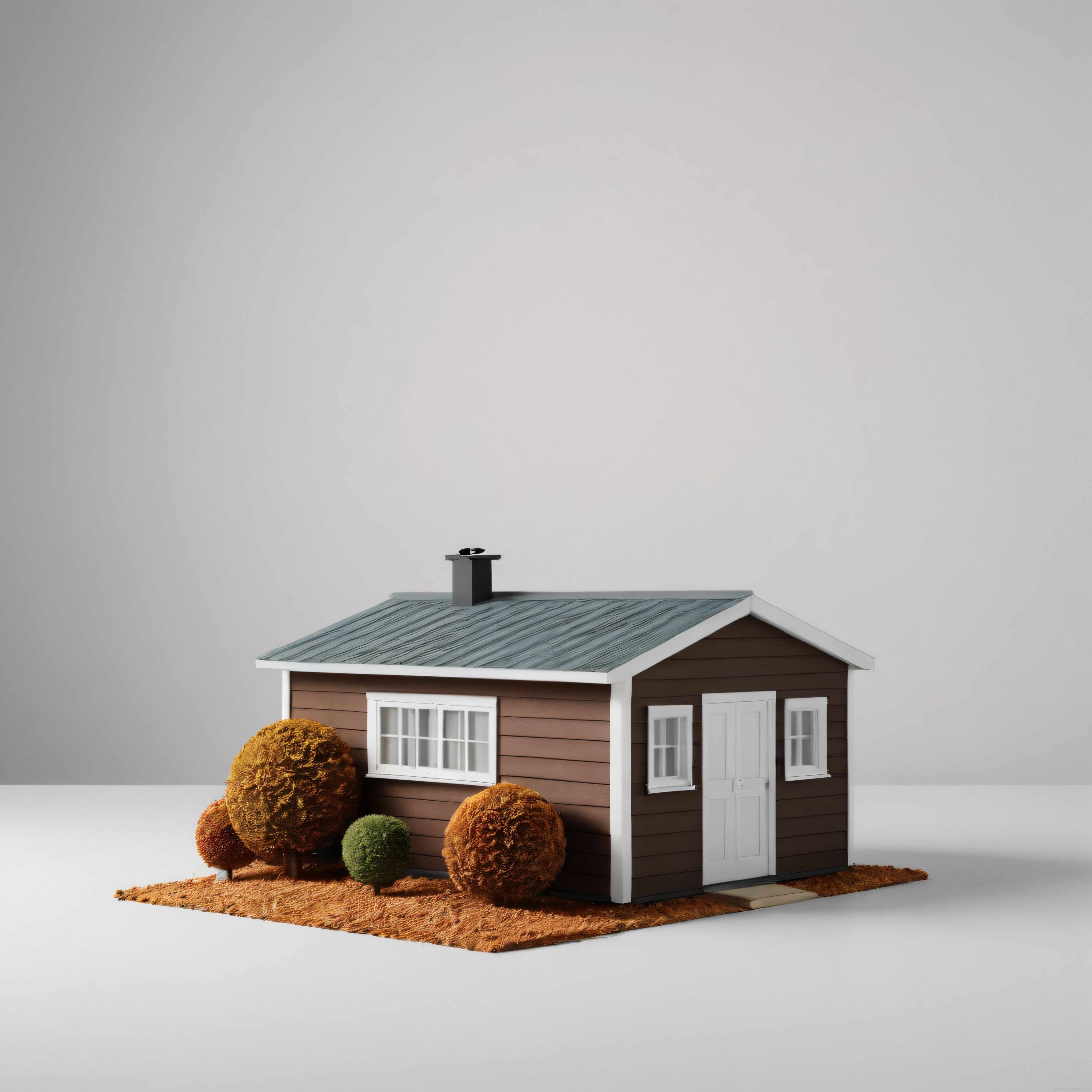 Minimalist Beyaz Arka Planda Sonbahar Ağaçlarıyla Çevrili Rustik Kulübe