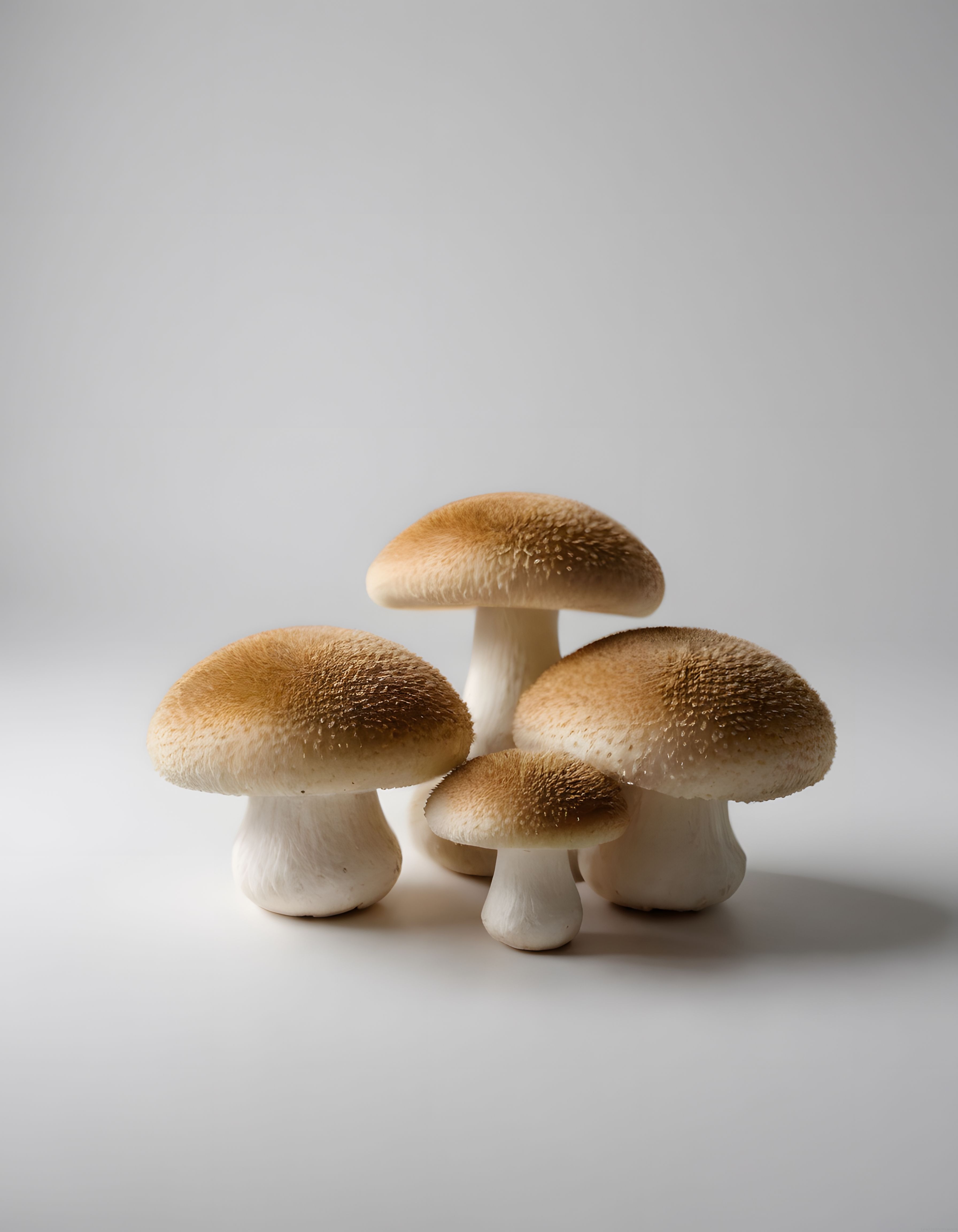 Minimalist beyaz arka planda taze shiitake mantarlarının stüdyo fotoğrafı