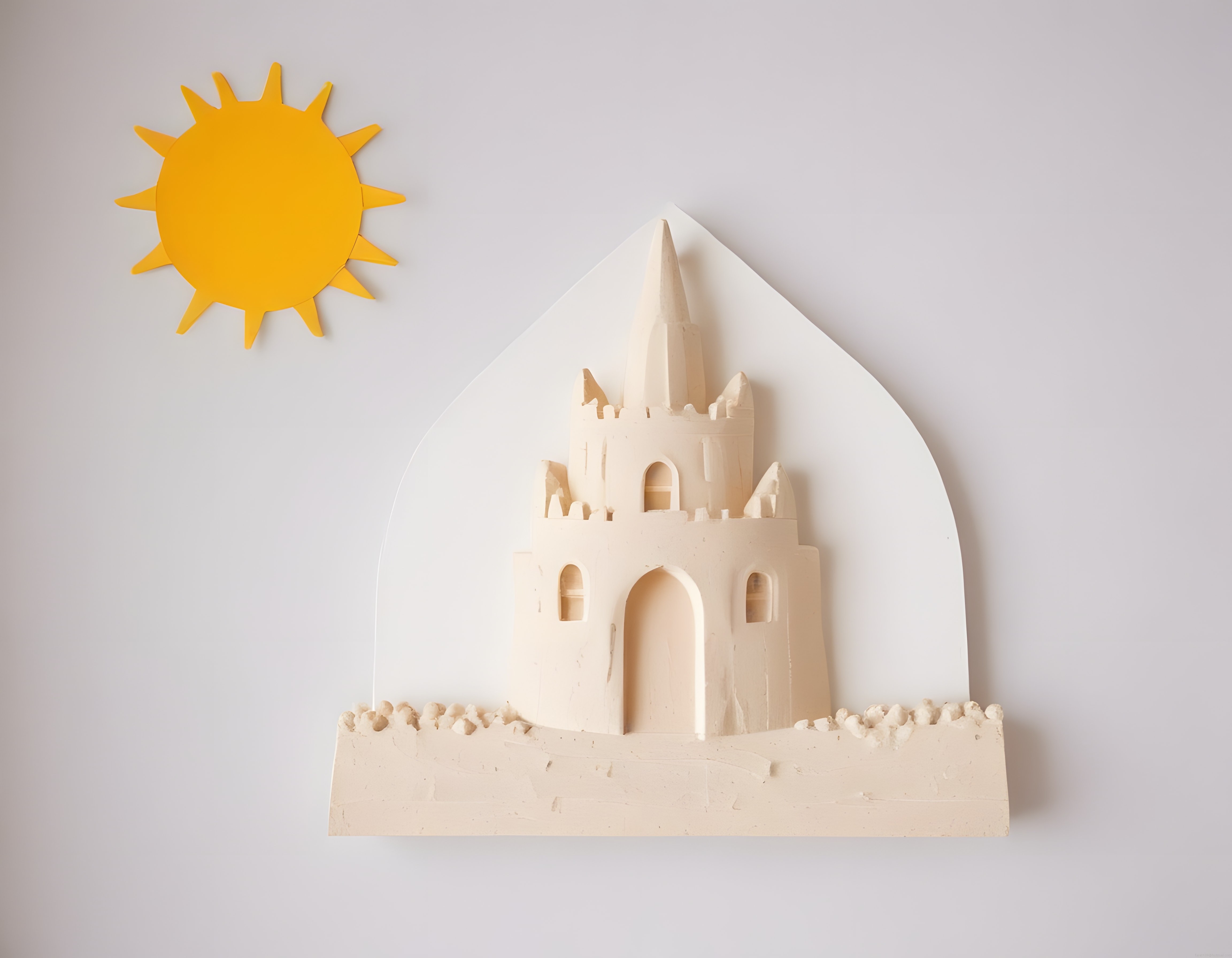 Minimalist Beyaz Arka Planda Üç Boyutlu Şato ve Sarı Güneş Duvar Dekoru