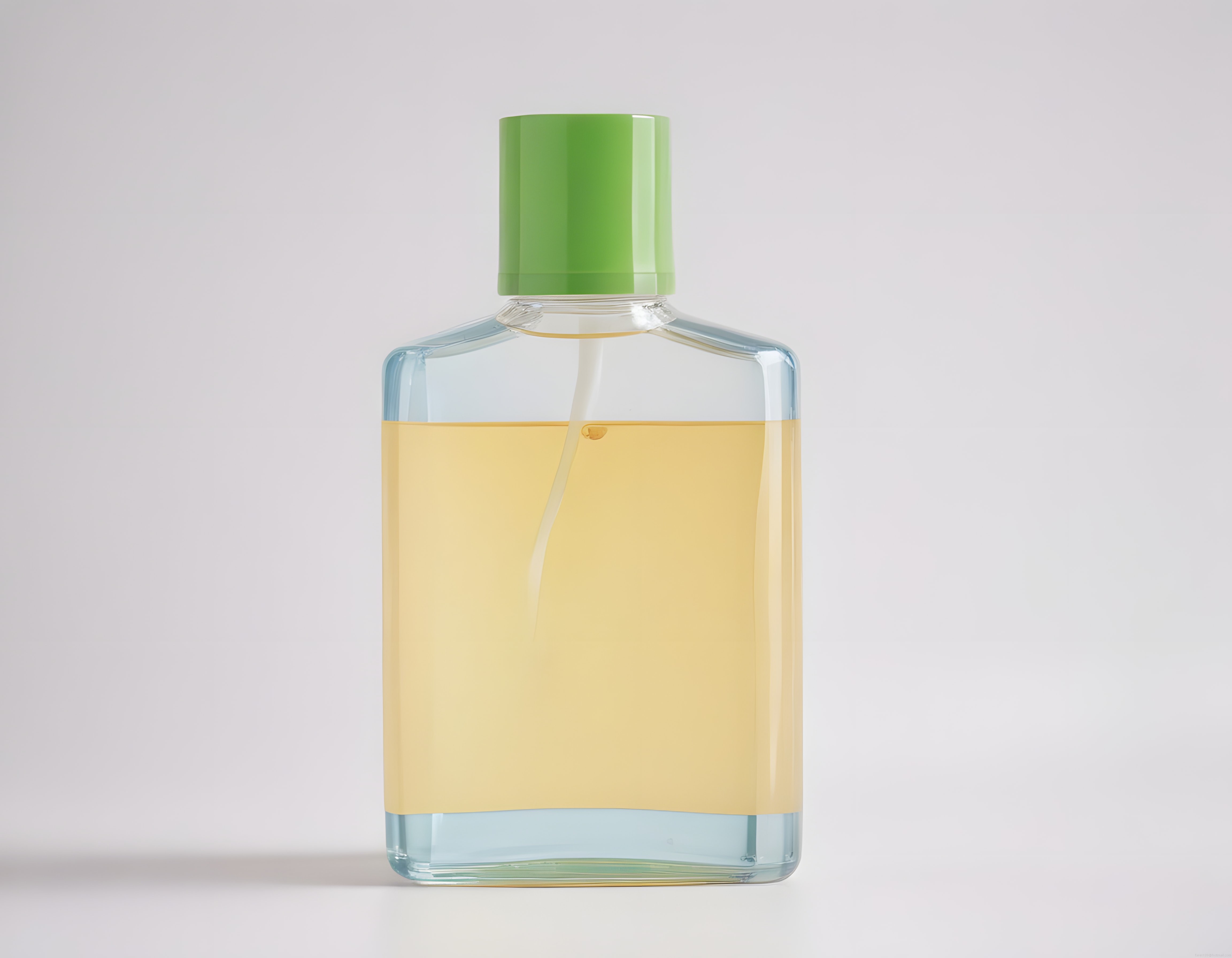 Minimalist Beyaz Arka Planda Yeşil Kapaklı Sarı Sıvılı Parfüm Şişesi